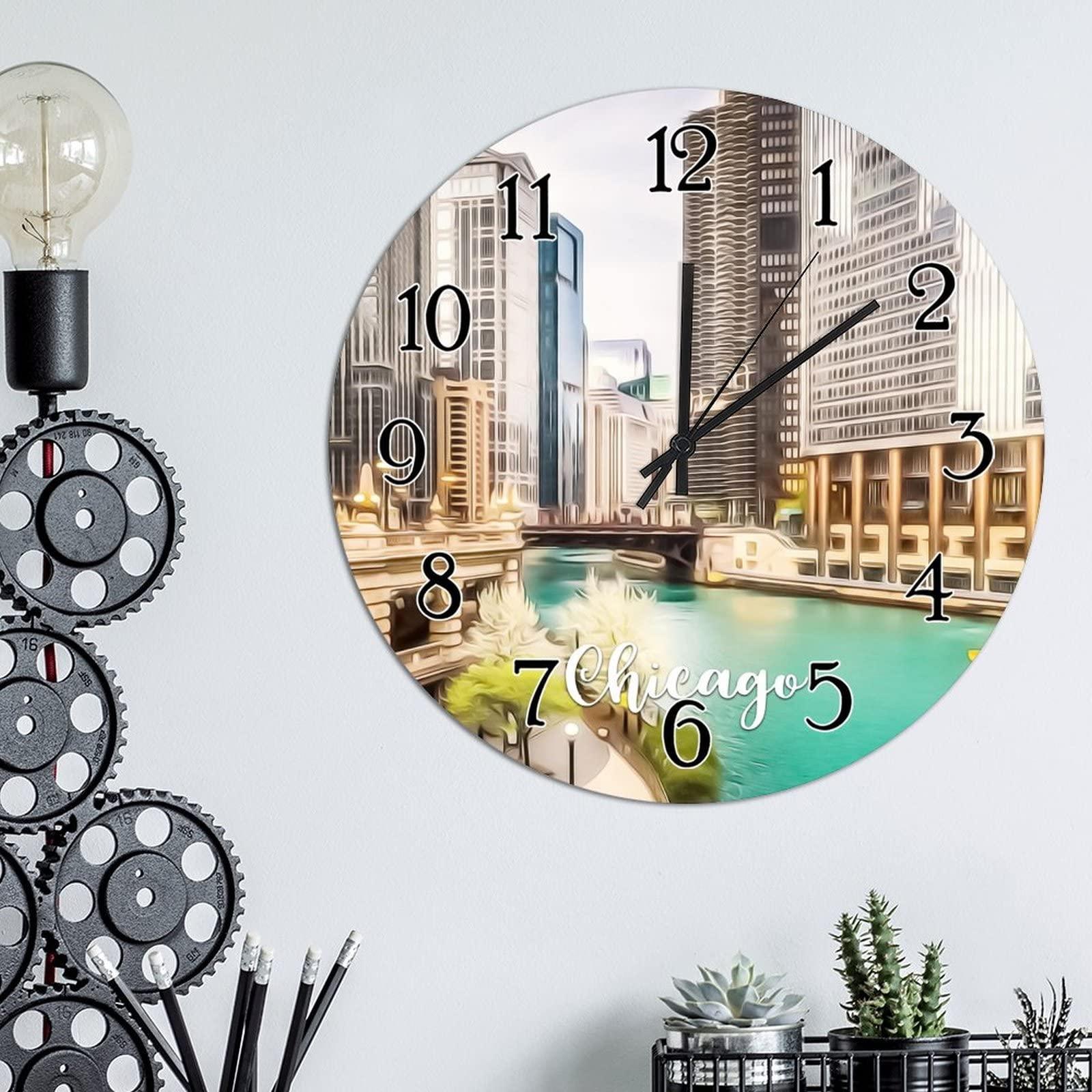 Generic Hanging Wall Clock USA City Chicago Wall Clock Silent Non-Ticking Wall Clocks American Cities in Illinois States Round Clocks City Souvenir Clocks for Home Office 15inch