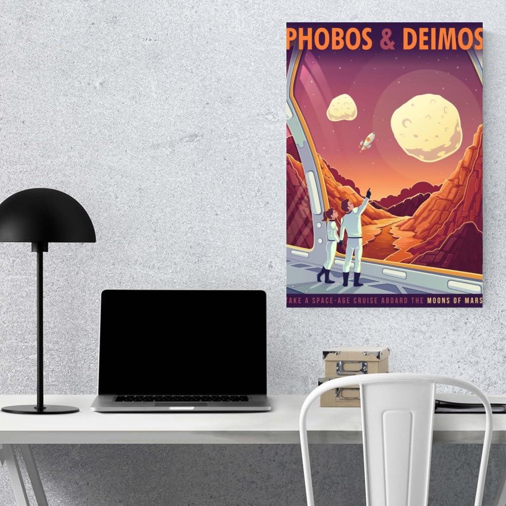 LuminDaze LuminDaze Phobos and Deimos Poster Retro Space Wall Art Outer Space Travel Picture Decoration Exoplanet Galaxy Mars Planet Exploration Art Canvas Print Retro Futuristic 20x30inch Unframed, style-14