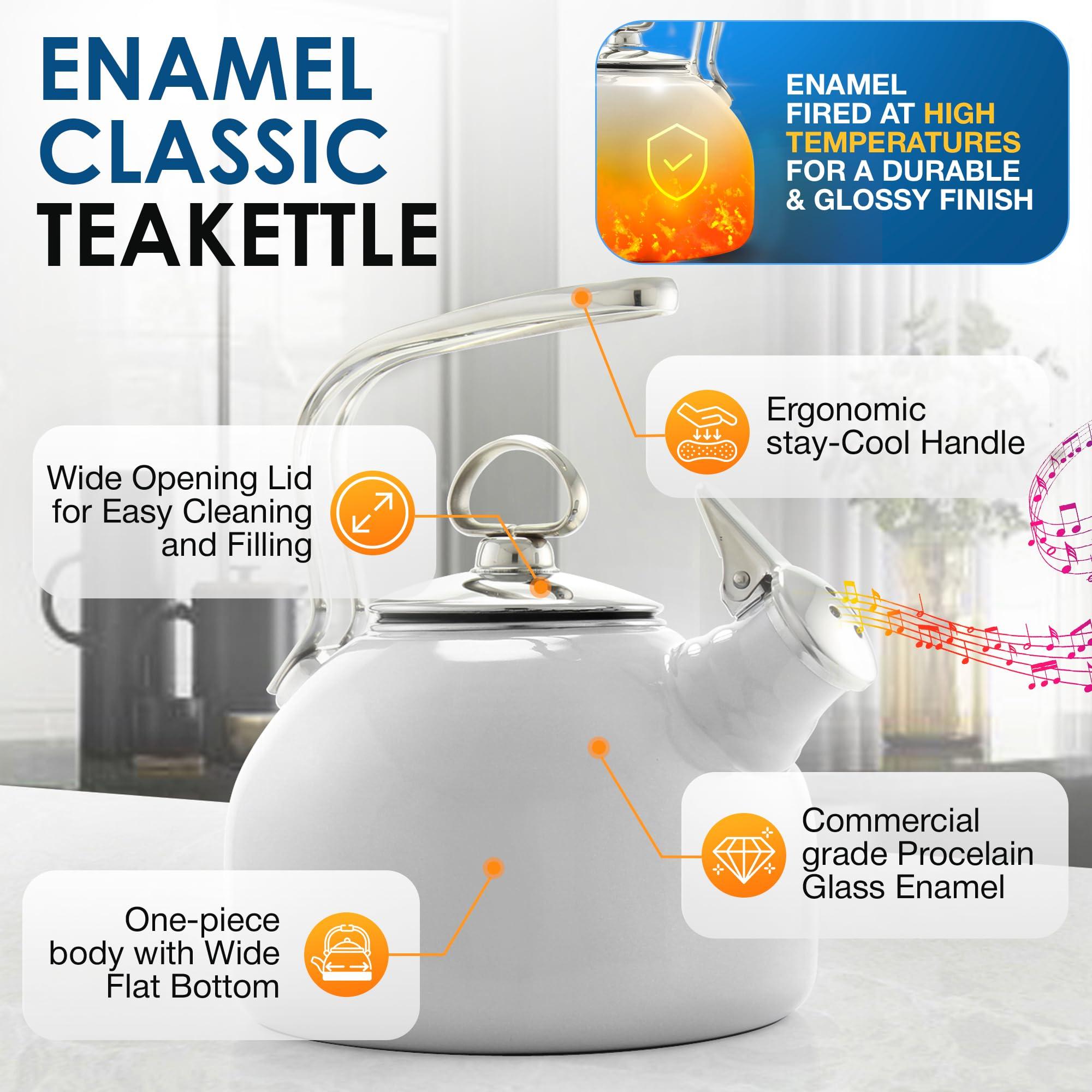 Chantal Chantal Classic Teakettle, 1.8 QT, Enamel On Steel, 2-Tone Harmonica Whistle, Rapid Boil and Even Heating (White)