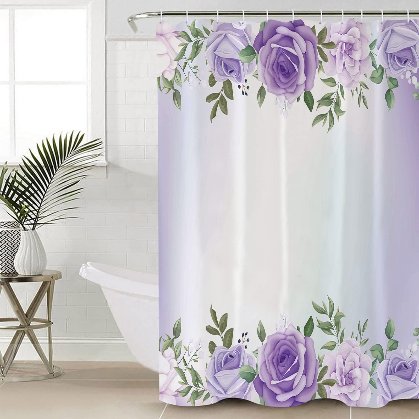 Sunteeny Shower Curtain Rose Flower Purple Pink Shower Curtains Waterproof Polyester Fabric Bath Curtains with Hooks for Farmhouse Bathroom Decor 36\" Wx78 L