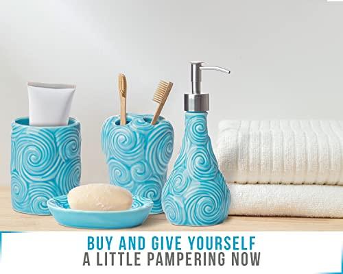 Comfify Designer - 4 Piece Bathroom Accessories Set - with Soap or Lotion Dispenser, Toothbrush Holder, Tumbler and Soap Dish - Glossy Finish - Porcelain (Ocean Waves, Aqua Blue) Holds 15.6oz