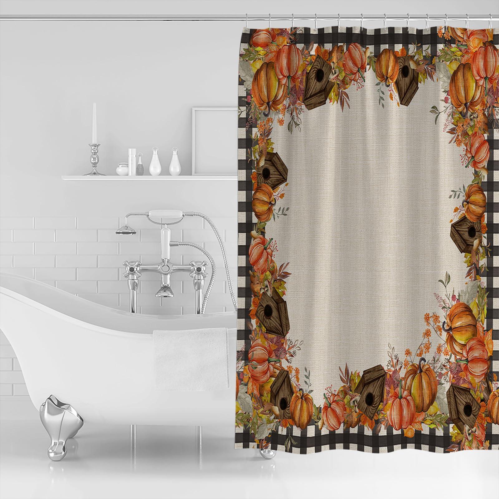 ZOE GARDEN Thanksgiving Autumn Shower Curtain Set with Hook 36\"x72\",Washable Cloth Polyester Fabric Shower+Curtain,Waterproof Bath Curtains for Bathroom,Bathtubs Accessories Farmhouse Pumpkin Mushroom Leaves