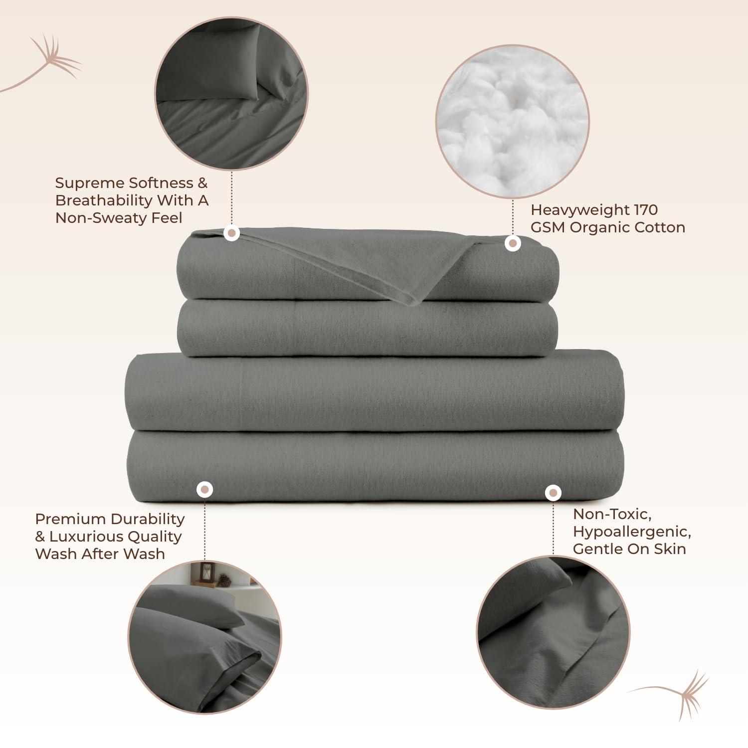 Whisper Organics 100% Organic Flannel Sheets King Size - GOTS Certified 100% Cotton Flannel Sheets Set with Comfortable Soft Brushed Finish & Deep Pocket - 1 Flat 1 Fitted & 2 Pillowcases (Dark Gray, King)