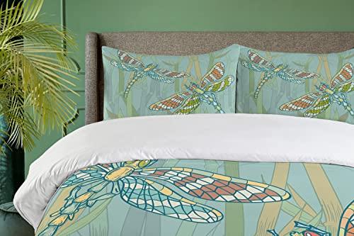 Ambesonne Ambesonne Dragonfly Duvet Cover Set, Doodle Style Giant Dragonfly on Lake Bushes Nature Exotic Picture Art, Decorative 3 Piece Bedding Set with 2 Pillow Shams, King Size, Almond Green