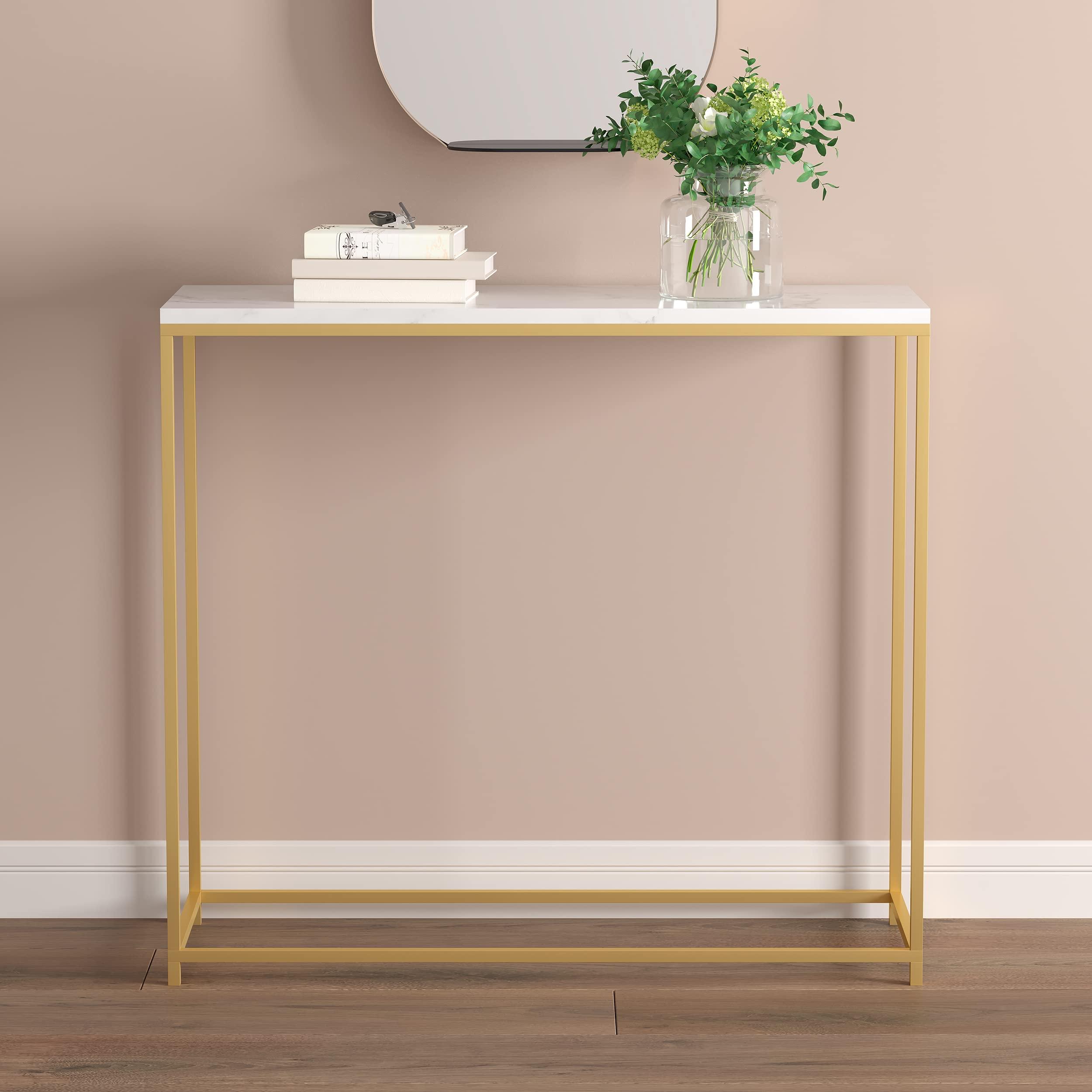 Safdie Safdie & Co. - Marble White Console Tables for Entryway, Gold Metal Console Table, Use As Doorway Table, Narrow Bar Table, or Accent Furniture for Decorating Foyer, 31 x 12 x 28 inches