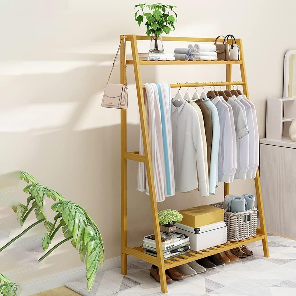 HomeLoft Basics Bamboo Clothing Rack with 2-Tier Shelves and Hanging Bar, Anti-Falling Design Garment Closet with 2 Hooks for Cloth Coat Shoe Storage Organizer Shelf (Color : Khaki, Size : 80 * 40 * 140cm)