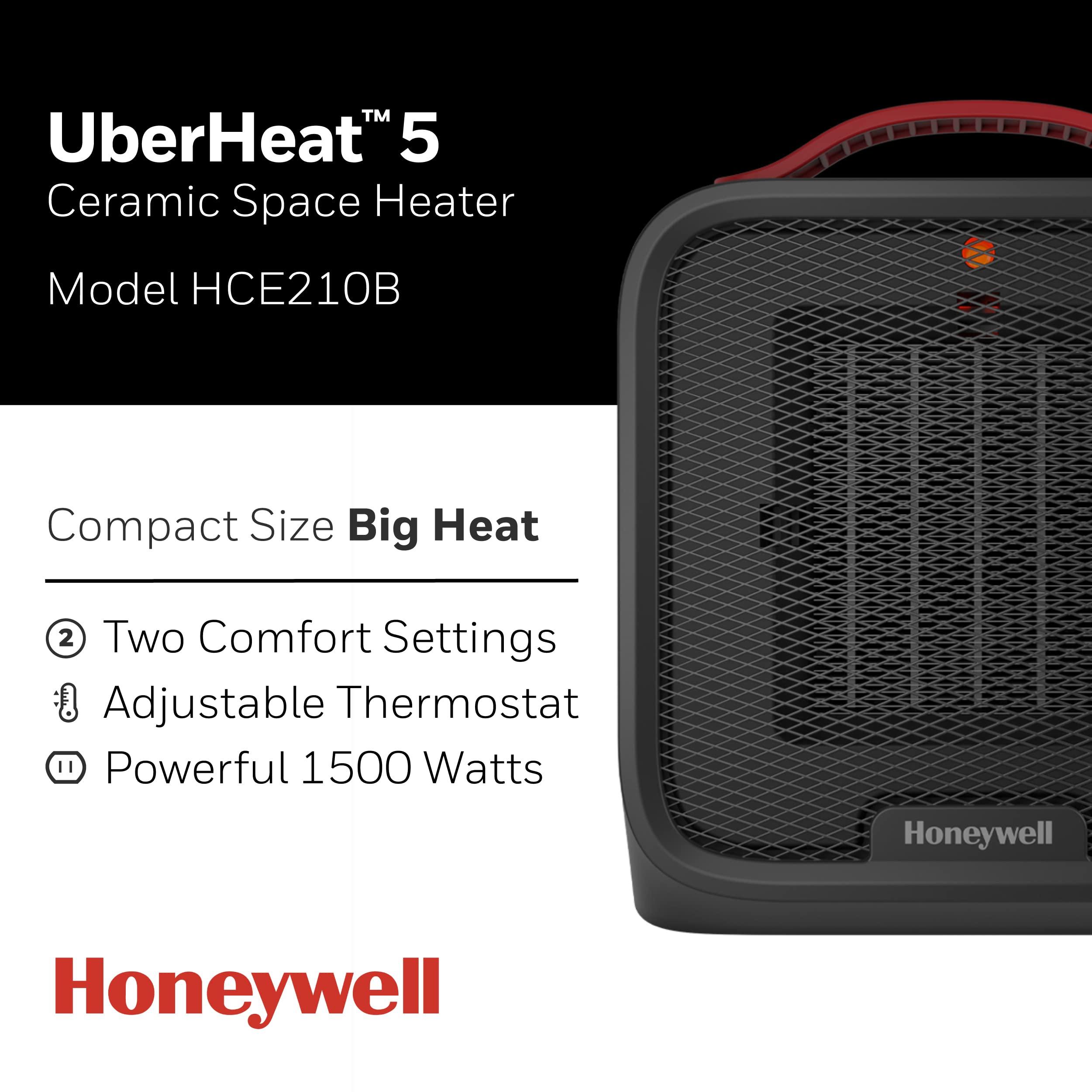 Honeywell Honeywell UberHeat 5 Portable Ceramic 1500W Space Heater. Indoor space heater for Small Rooms, Bedrooms, and Homes. Fast Heating with Tip-over Protection - Black, HEC210B