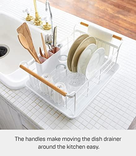 YAMAZAKI Yamazaki Home Dish Rack with Removeable Drainer Tray, Kitchen Counter Dish Drying Organizer Holder Steel + Wood One Size White