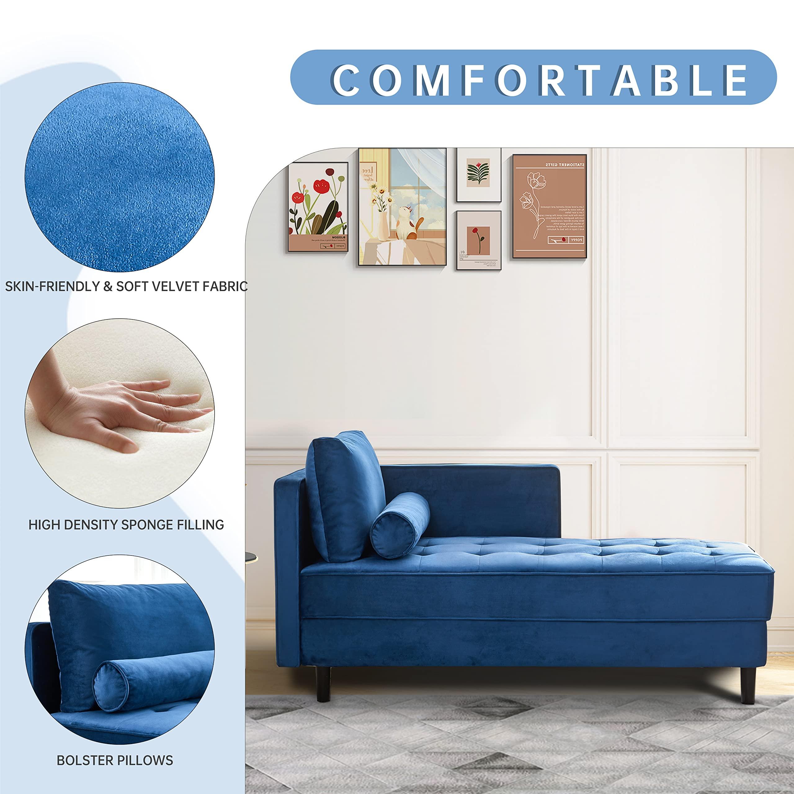 BAMOOLI BAMOOLI 64\'\' Velvet Chaise Lounge Indoor, Modern Longue Chair Upholstered Chaise Longue with Support Pillow, Button Tufted Seat Cushion, Sleeper Sofa Recliner for Bedroom, Living Room, Apartment, Blue