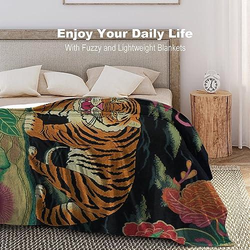 MangGou MangGou Oriental Toile Chinoiserie Flannel Blanket Animal Tiger Stripe Pink Floral Throw Blankets Colorful Flower Animal Print Tiger Throw Blanket for Bed Home Decoraive Warm Blankets 40x50in