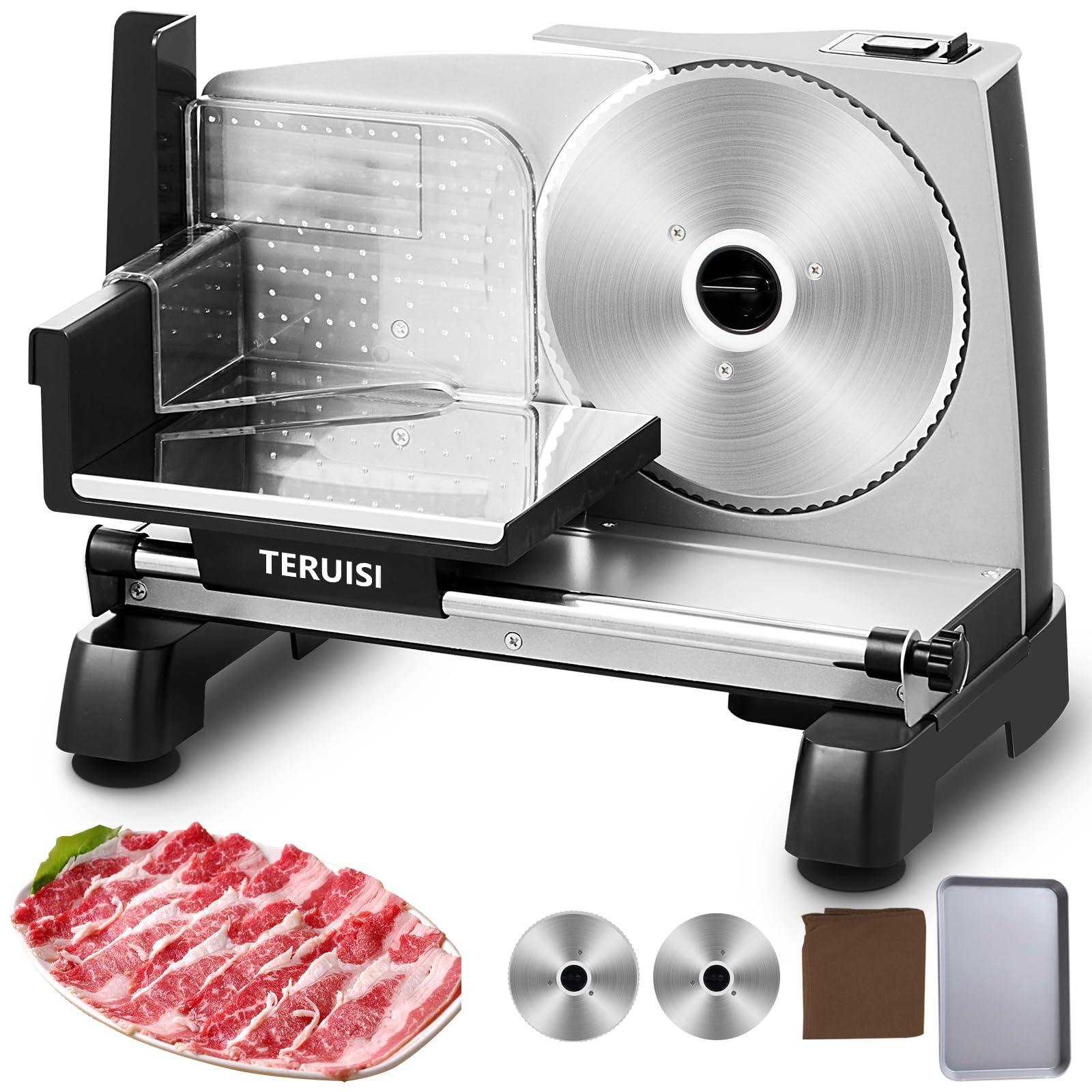 TERUISI TERUISI Electric Meat Slicer, 200W 110V Food Slicer with 2 Stainless Steel 7.5\" Blades, 0-18mm Adjustable Thickness, Meat Cutter Machine with Food Tray, Towel for Home Use, Meat, Fruit, Bread, Cheese