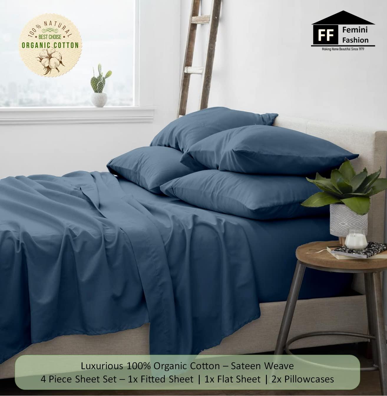 Femini Fashion Extra Deep Pockets 1000 Thread Count 100% Organic GOTS Certified Cotton, 30-Inch Deep-Pocket, 4-Piece Bed Sheet Set (1 Flat Sheet, 1 Fitted Sheet, 2 Pillow Covers) - Full-XL, Mediterranean Blue