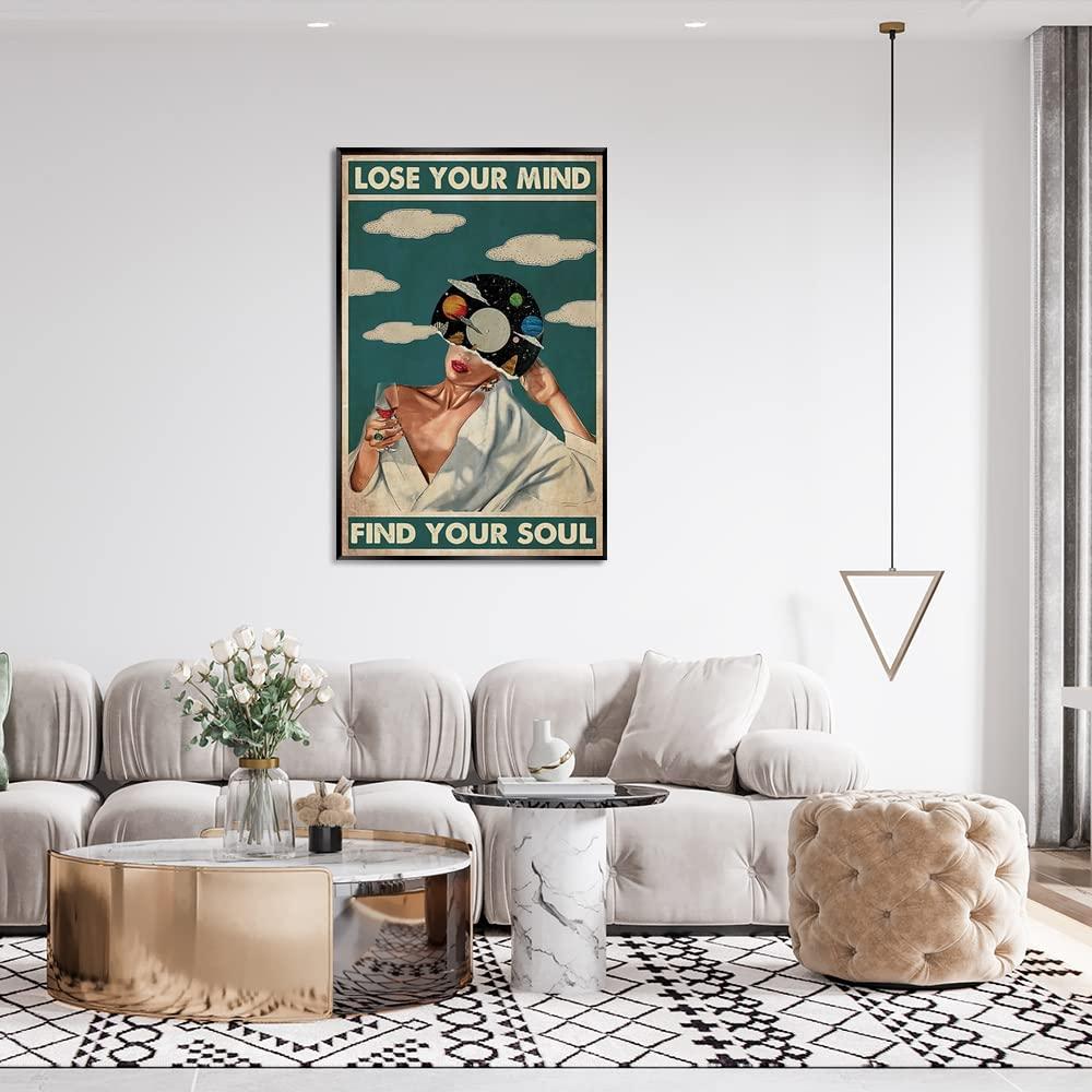 Quark Quark Vintage Lose Your Mind Find Your Soul Poster Mental Health Canvas Wall Art Abstract Aesthetic Music Girl Print Painting Modern Mid-Century Wall Decor for Bed Room Bathroom 12x16in Framed