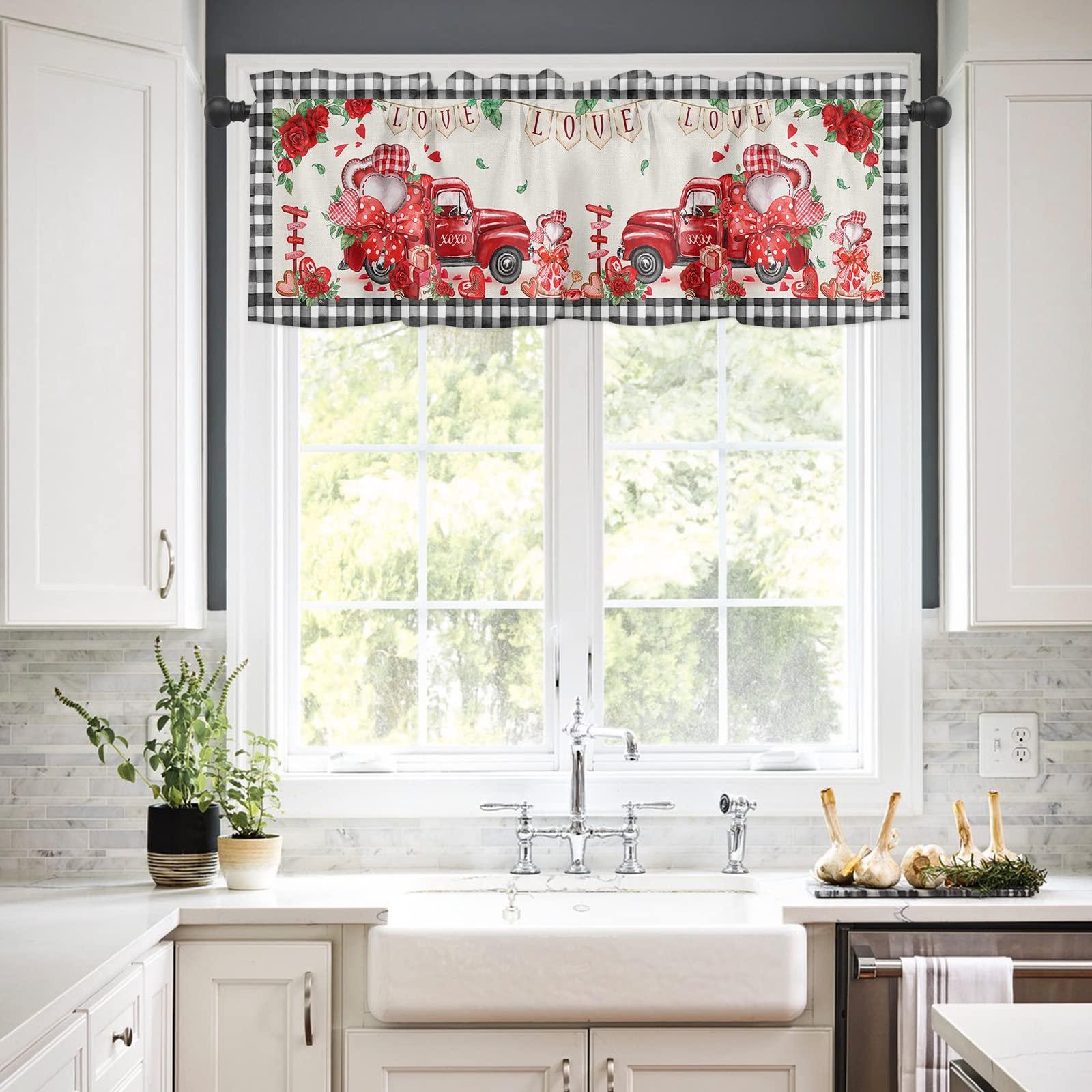 Shine-Home Valentine\'s Day 3 Piece Kitchen Window Curtains Panel Rod Pocket Large Half Tiers and Valance Curtain Drape Set Decor for Kitchen/Bedroom/Bathroom Red Truck Spring Saint Rose Love Black Plaid Check