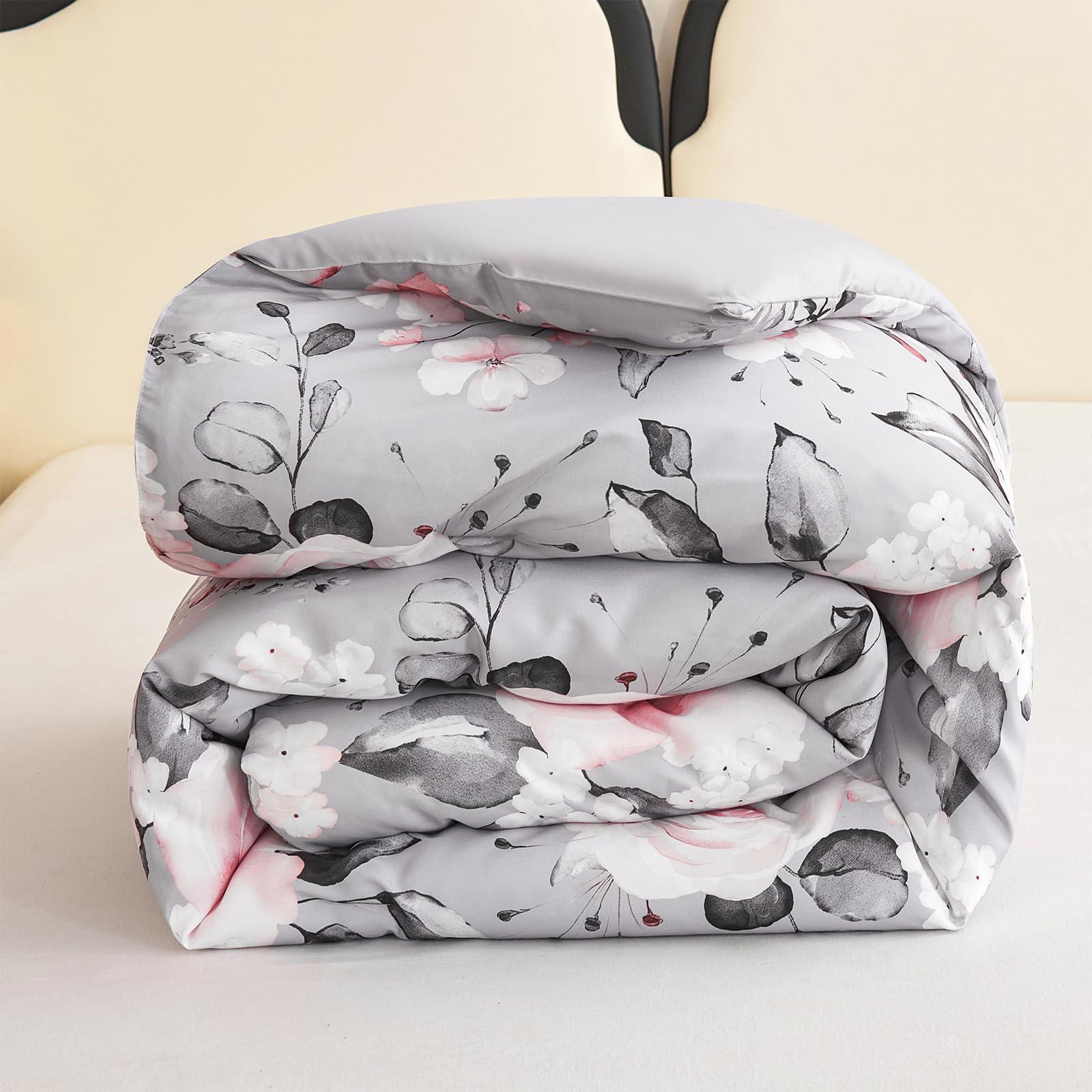 Koniroom Koniroom 3 Pieces Pink and Grey Comforter Set Queen Size, Floral Bedding Sets with Pink Flowers and Leaves Pattern for Women Teen Girls, Reversible All Season Comforter with 2 Pillow Shams
