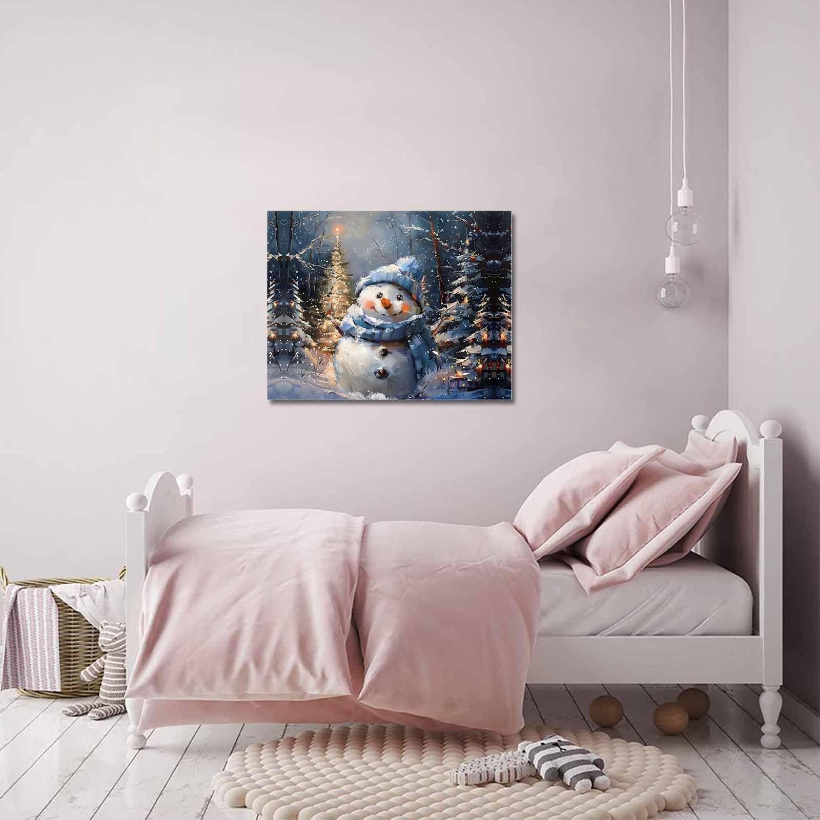 Shine-Home Shine-Home Blue Snowman Wall Art for Living Room/Bedroom, Christmas Tree Shabby Chic Forest Painting Canvas Bathroom Decor Wall Art Kitchen Office Framed Wood Oil Painting Picture, 20\"x24\"