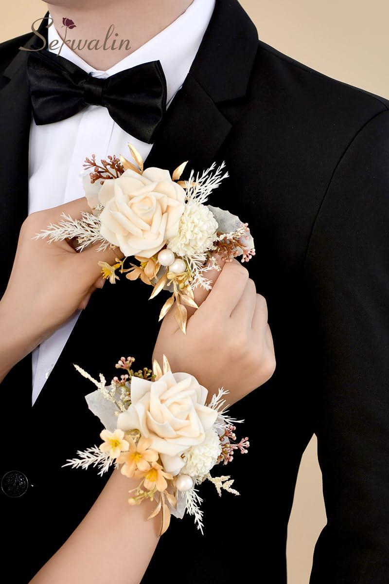 Serwalin Serwalin Champagne Corsage and Boutonniere Set, Champagne Rose Wrist Corsages for Wedding