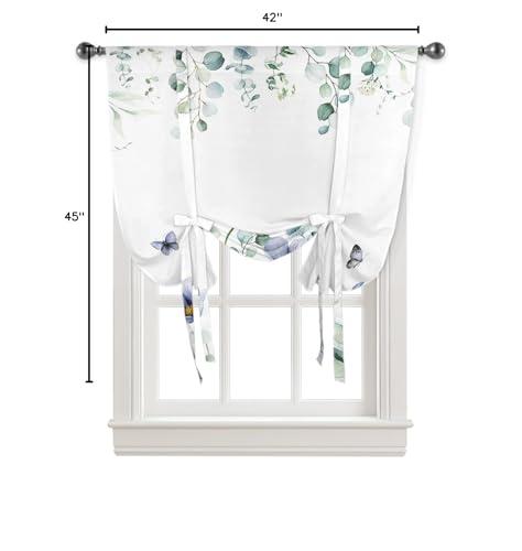 Yukro Yukro Tie Up Curtains Window Shades,Blue Tulip Flower Butterfly Eucalyptus Leaves White Background Rod Pocket Tie Up Window Shade,Adjustable Balloon Curtain Shade for Blinds Kitchen Bathroom,42"x45"