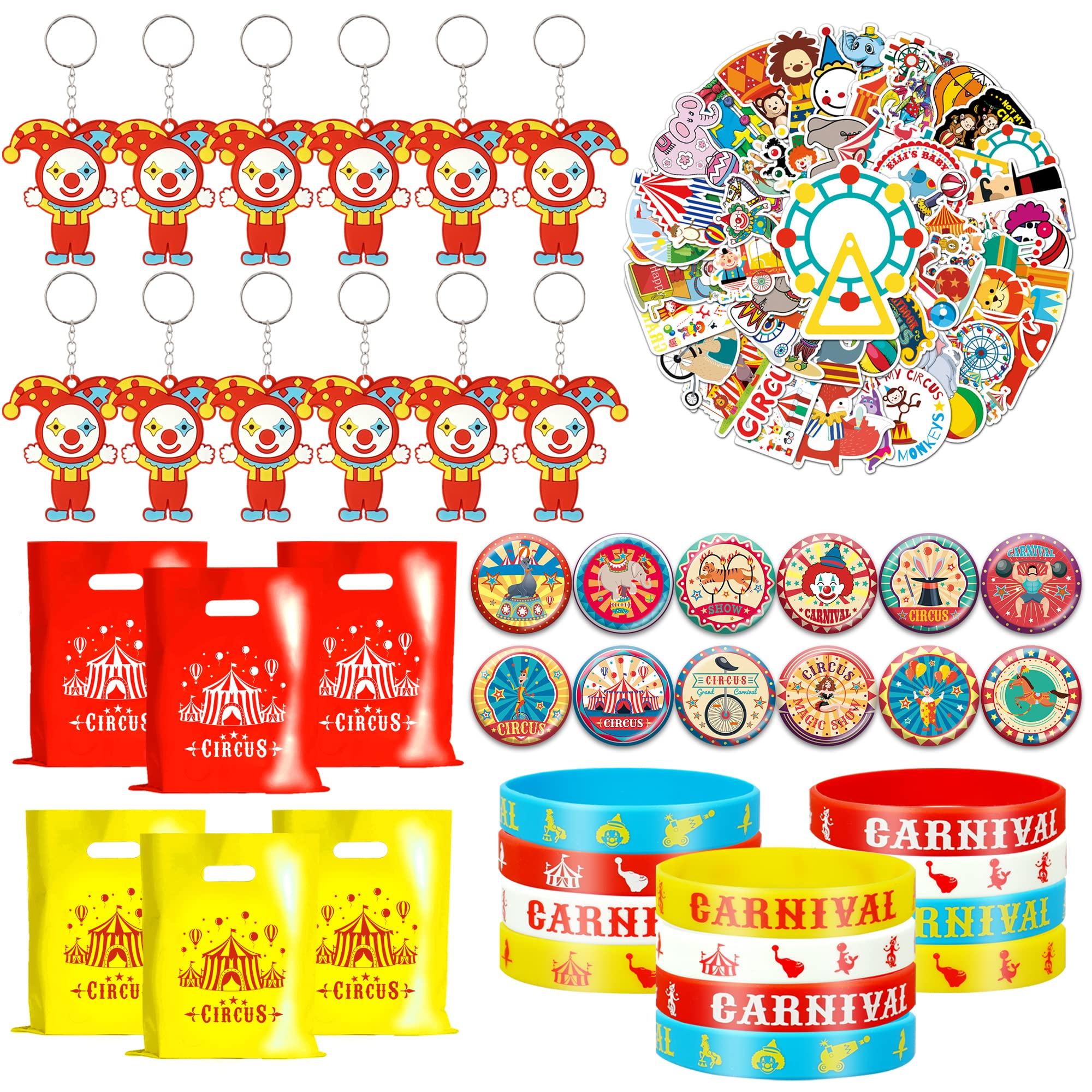 BUYWUMORE BUYWUMORE 98 PCS Circus Party Favors, Clown Keychains Goodie Bags with Stickers, Rubber Bracelets, Button pins and Bags for Circus Carnival Theme Party Supplies Baby Shower (Circus)