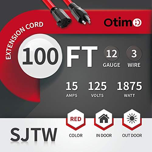Otimo Otimo 100 Ft 12/3 SJTW Red, Heavy Duty Outdoor Extension Cord - 3 Prong Ground Plug, 15A 1875W, Water & Weather Resistant, Flame Retardant