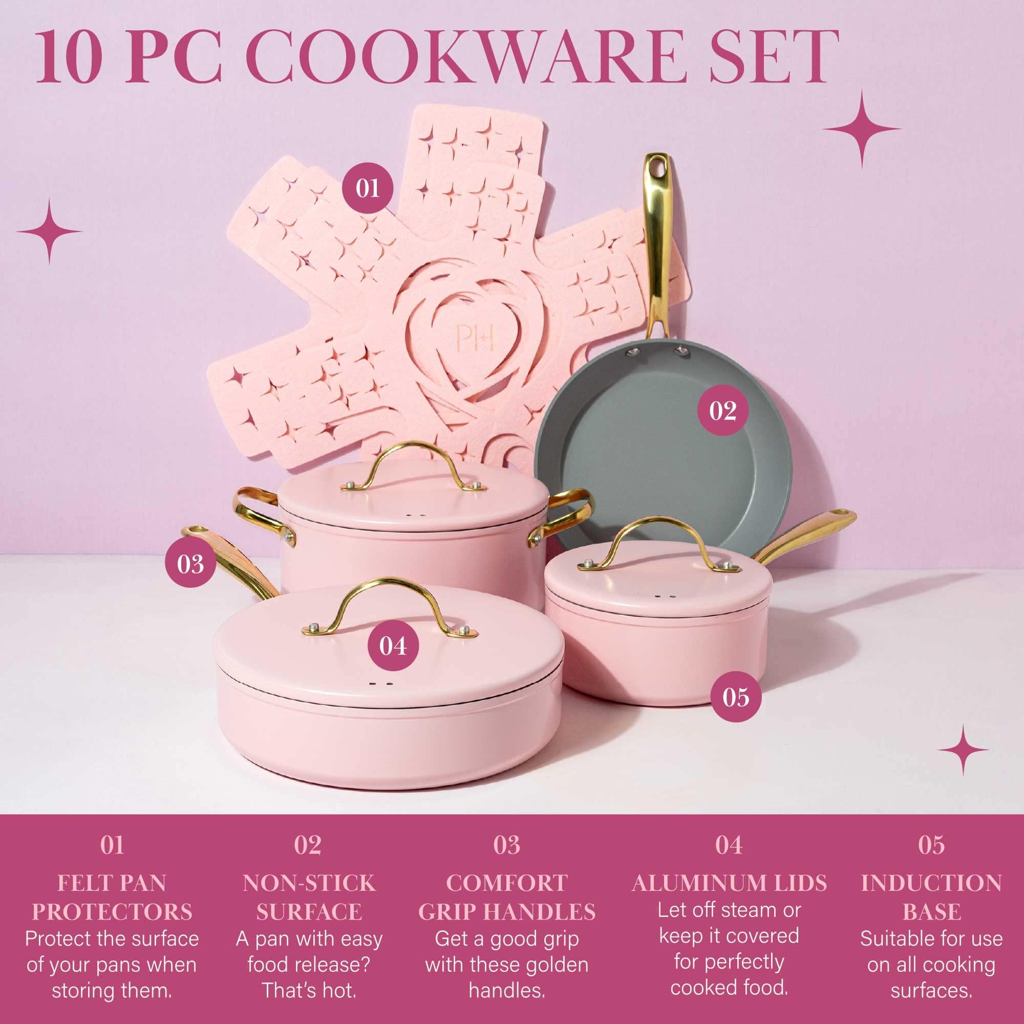 Paris Hilton Paris Hilton Iconic Nonstick Pots and Pans Set, Multi-layer Nonstick Coating, Matching Lids With Gold Handles, Made without PFOA, Dishwasher Safe Cookware Set, 10-Piece, Pink