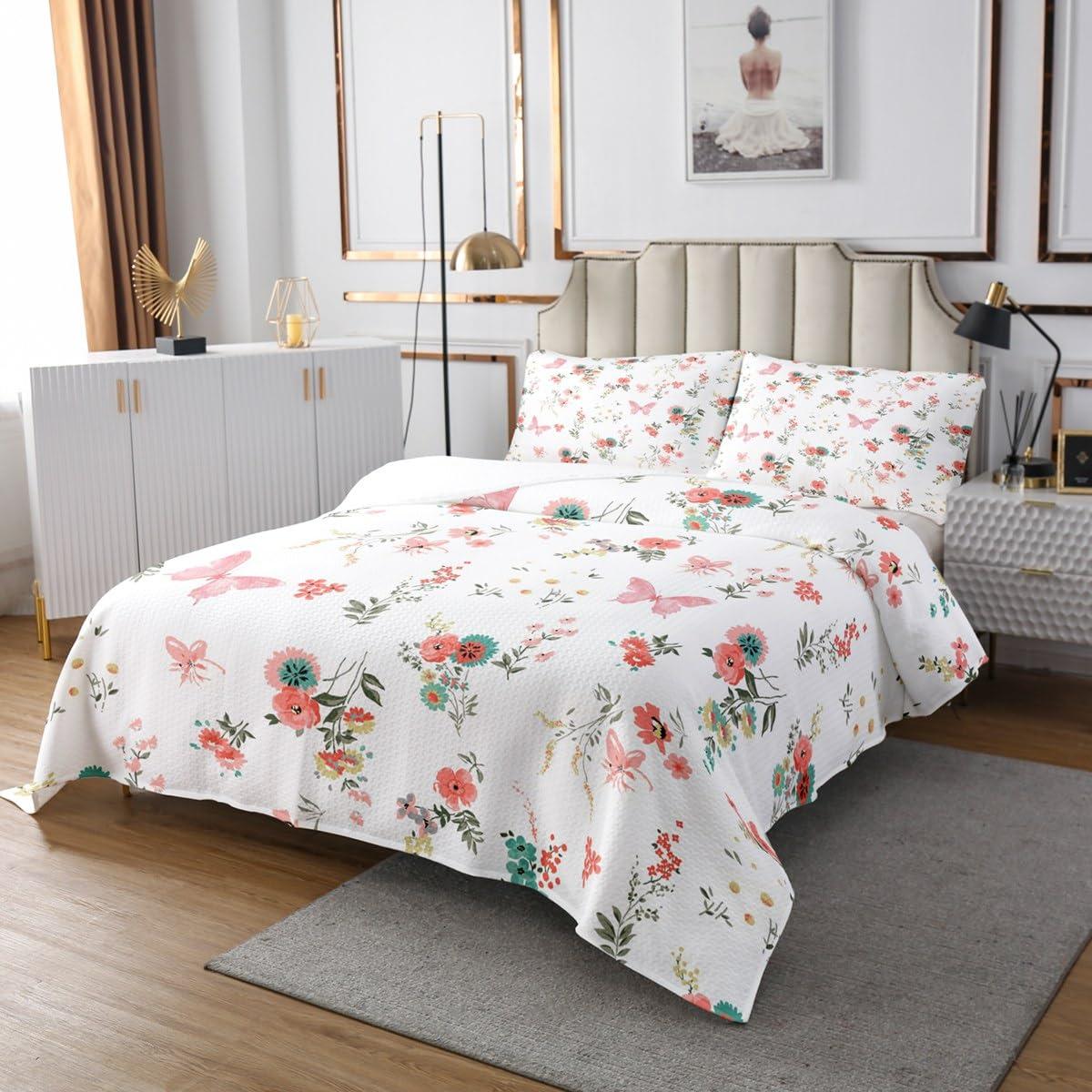 Manfei Cartoon Butterfly Kids Bedspread King Size,Flowers Leaves Plants Rustic Country Coverlet Set,Boys Girls Adults Room Decor,Floral Animals Boho Quilted Coverlet,Romantic Bedding Quilt,2 Pillowcases