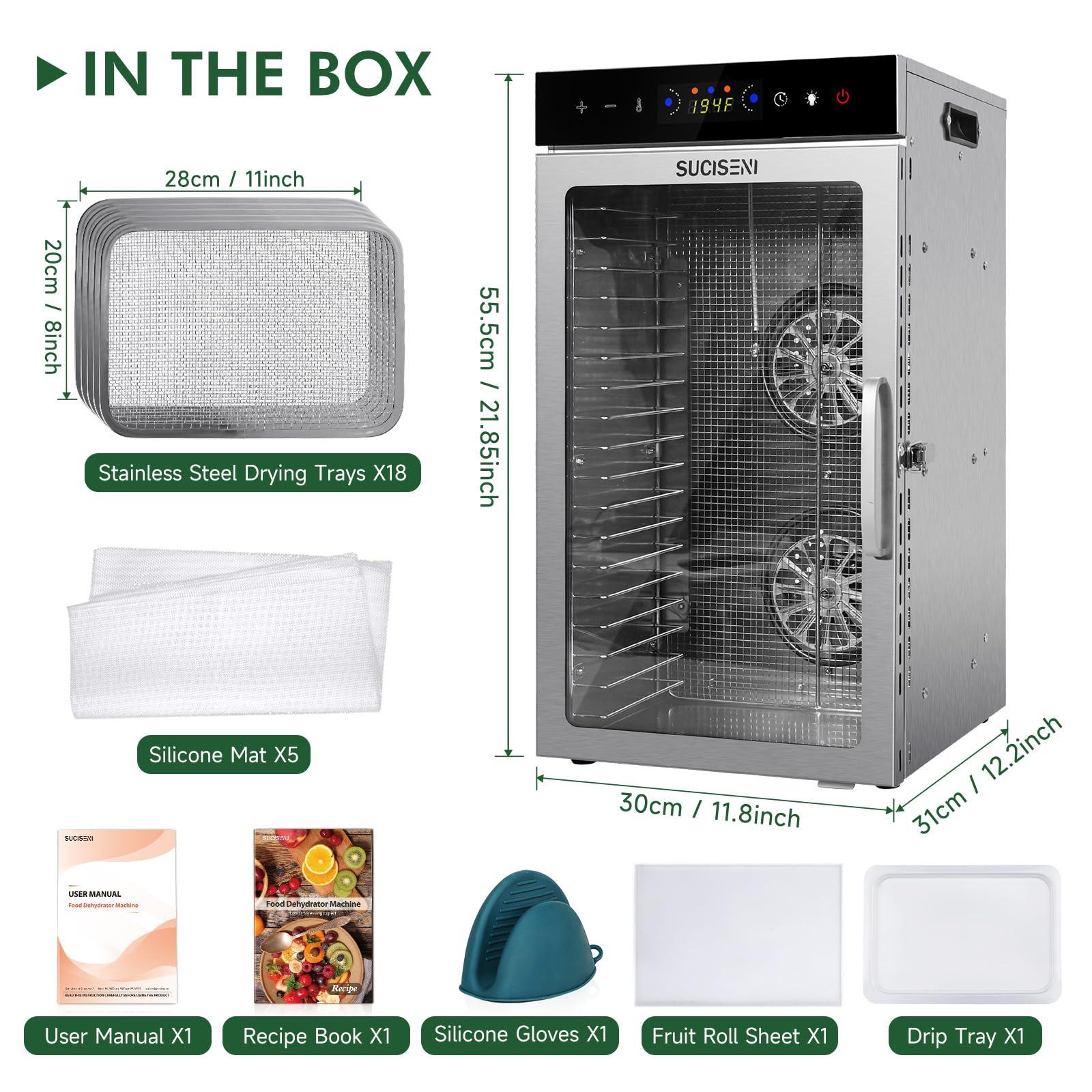 SUCISENI SUCISENI Commercial Food Dehydrator Machine 800W 18 Trays Stainless Steel Food Dehydrated Dryer with 24H Timer Touch-Control LED Display Over Heat Protection for Jerky Herbs Meat Beef Fruit Vegetables