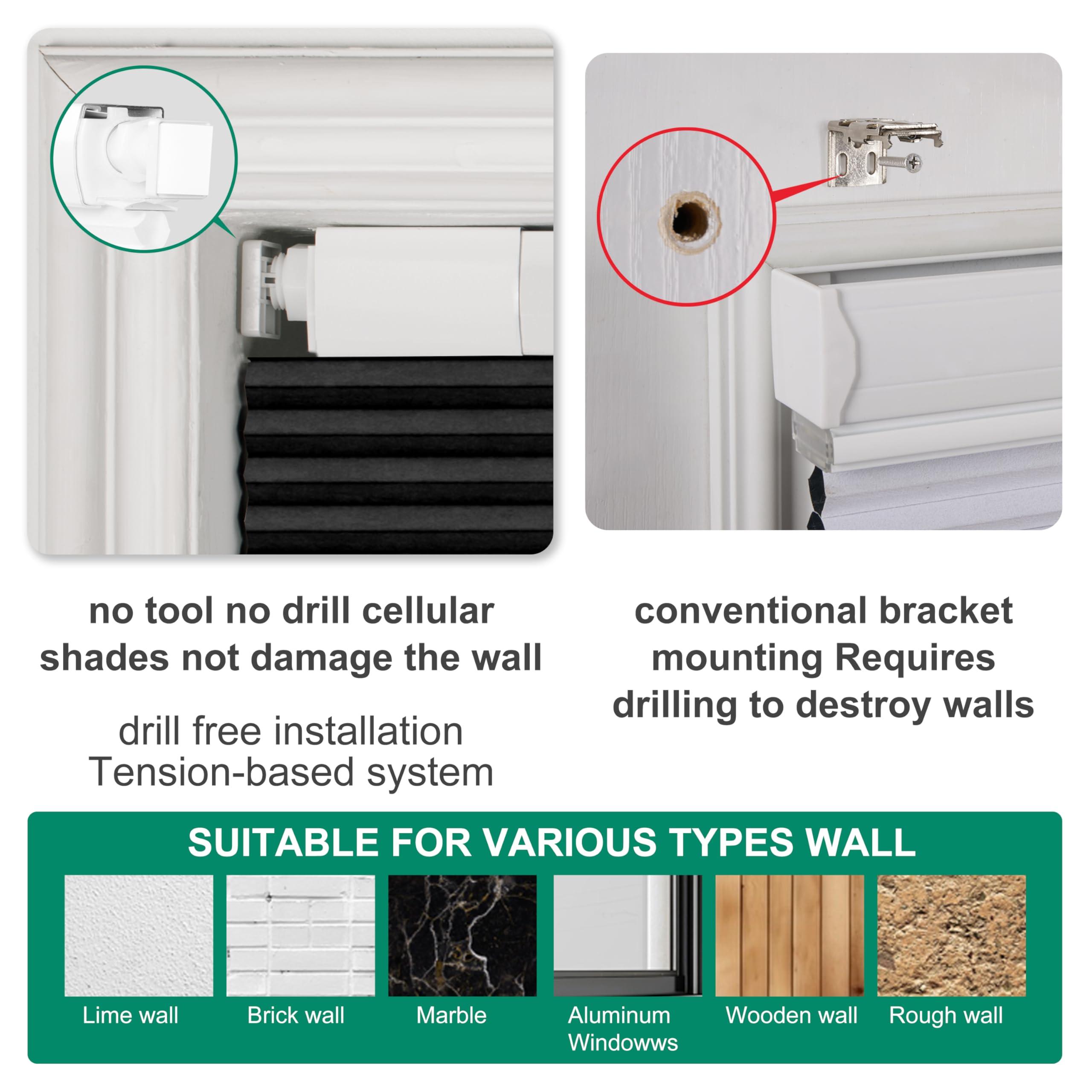 BERISSA BERISSA No Drill No Tools Blackout Cellular Shades Cordless Honeycomb Blinds Easy to Install Cellular Blinds for Windows, Blackout-Black,44" W x 64" H.