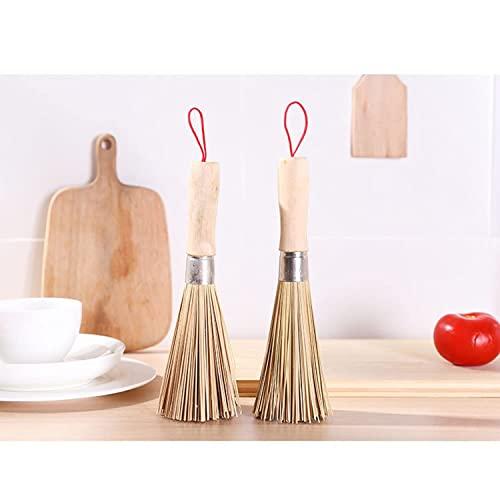 GONGXFDC 2Pack Traditional Natural Bamboo Wok Brushes , Kitchen Cleaning Brush, Bamboo Kitchen pan Brush, for Cleaning Dishes, Cast Iron Pots, Pans, Vegetables and Sink
