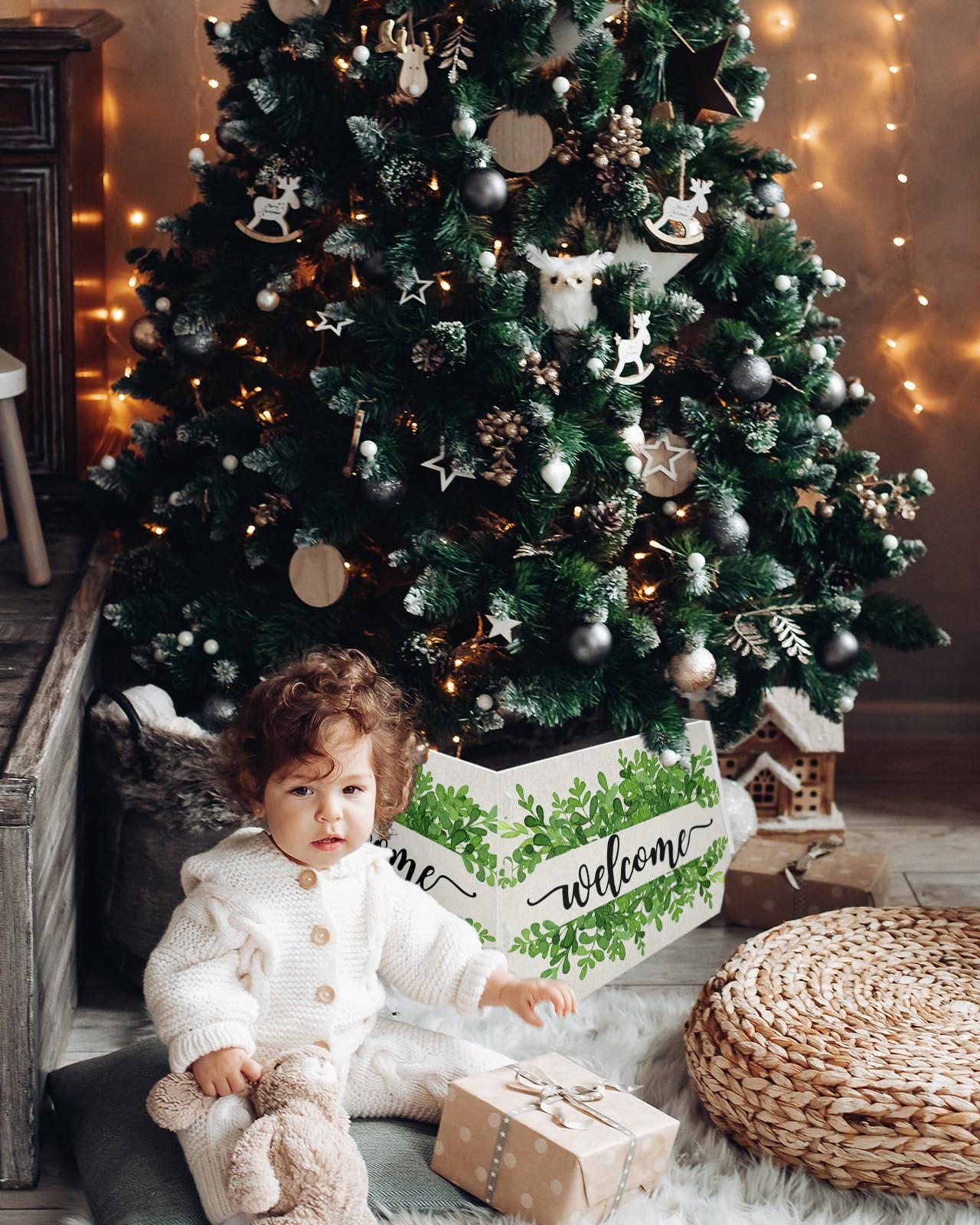 AMZRicher Christmas Tree Collar, Summer Botanical Tree Skirts Xmas Tree Trunk Ring Collar Box Stand Cover for Artificial Trees Base Holder Cover Festival Decor Welcome Green Leaf Rustic Burlap