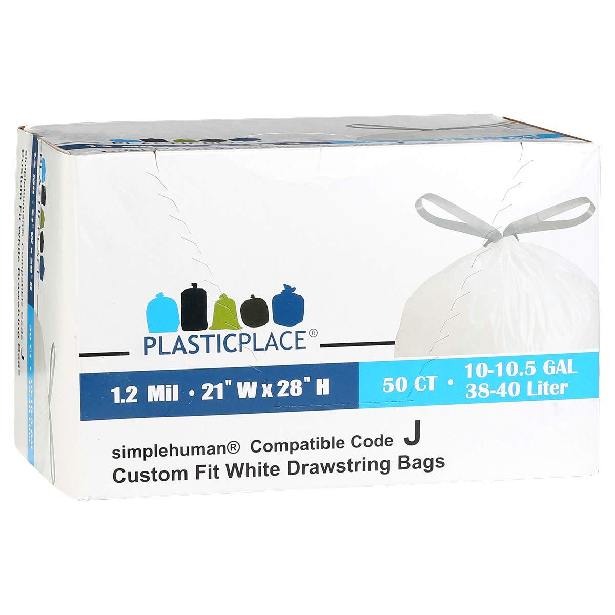Plasticplace Plasticplace Custom Fit Trash Bags, Compatible with simplehuman Code J (50 Count), White Drawstring Garbage Liners 10-10.5 Gallon / 38-40 Liter, 21\" x 28\"