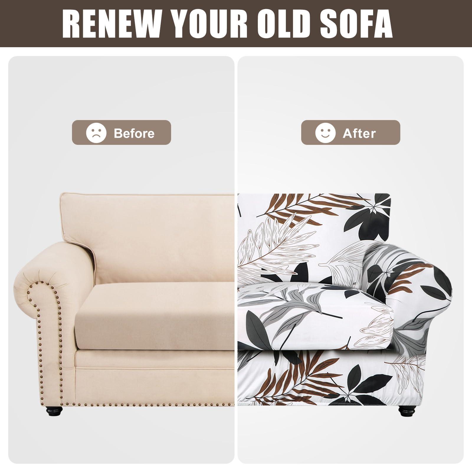 SearchI SearchI Stretch Sofa Cover Printed Couch Cover, Floral Pattern 3 Pieces Loveseat Slipcover with 2 Separate Cushion Cover, Washable Furniture Protector for Living Room(Loveseat, Maple Leaf Pattern)