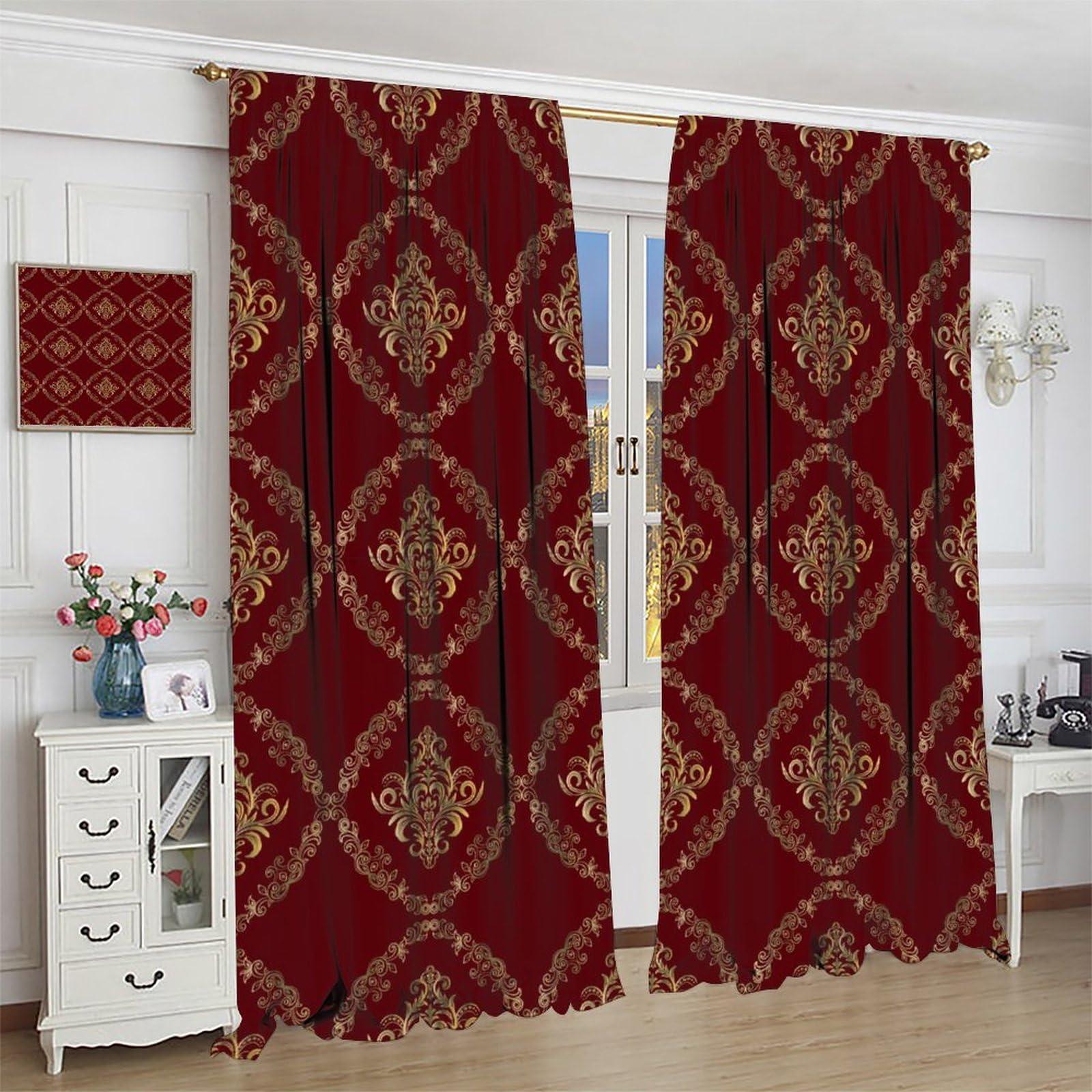 JretailAx Abstract Baroque Luxury Damask Curtains - Modern Red Gold Damask Medallion Gothic Floral Thermal Insulated Blackout Curtains - Rod Pocket Window Treatment Drapes for Bedroom 2 Panels 54L x 21W