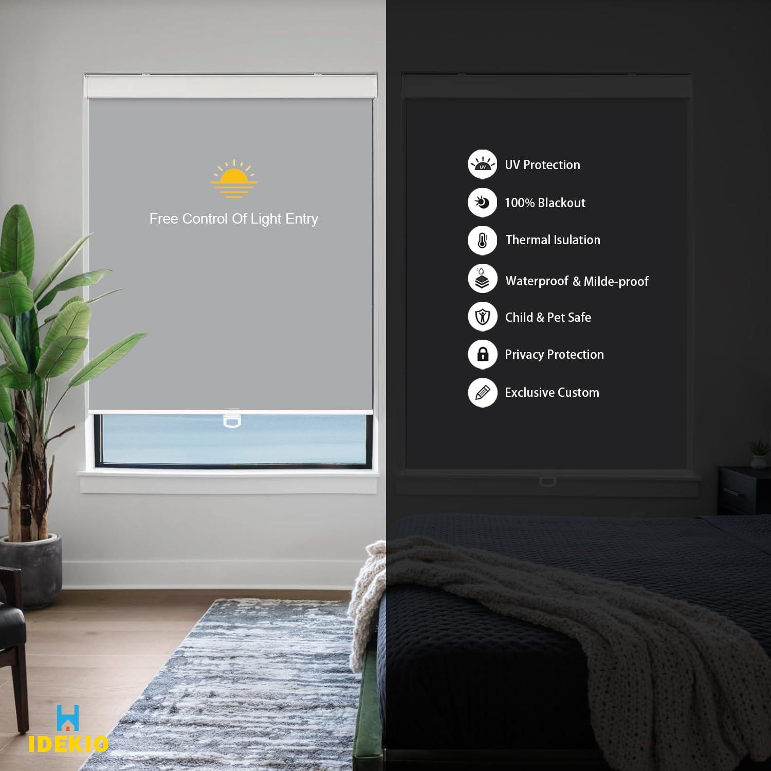 IDEKIO Blackout Roller Blinds for Windows,Custom Size Cordless Black Out Roller Shades,Thermal Insulated Privacy UV Protection Window Shades,Easy to Install,Grey,43" W x [25" H to 98" H Customize]