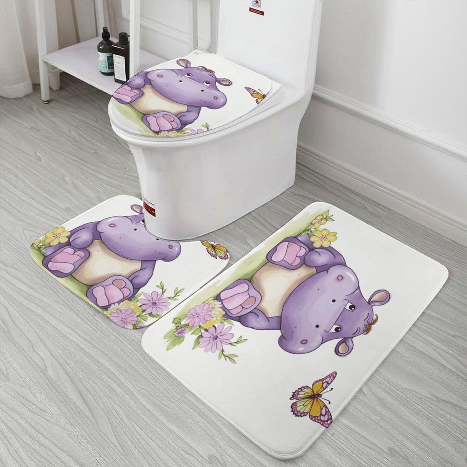 SLKFJEWT Bathroom Rug Butterfly and Hippo 3 Pieces Bathroom Rugs Bath Set Non-Slip Ultra Soft Carpet Mats Absorbent with U-Shaped Toilet for Toilet Bath Mat Set