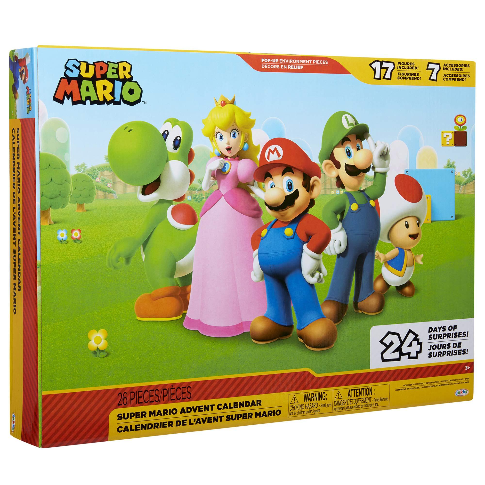 Super Mario Super Mario Nintendo 2024 Advent Calendar Christmas Holiday Calendar with 17 Articulated 2.5 Action Figures & 7 Accessories, 24 Day Surprise Countdown with Pop-Up Environment [Amazon Exclusive]