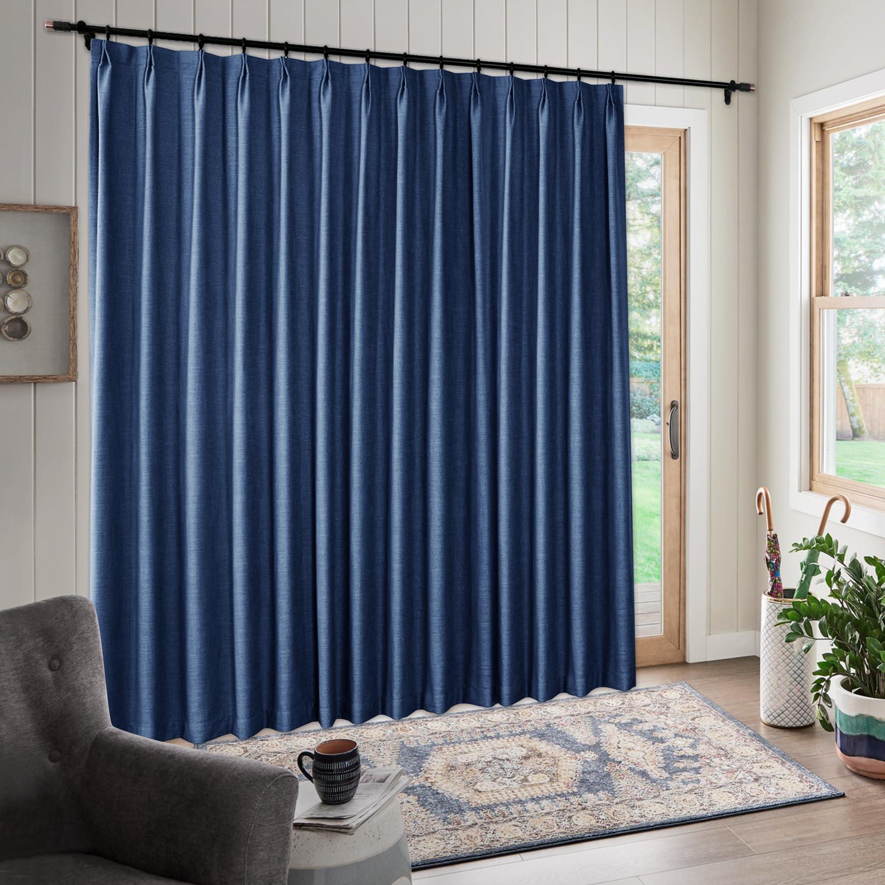Frelement Frelement Extra Wide 150 Inches Drapes for Large Windows Full Blackout Linen Curtains for Sliding Glass Door Pinch Pleated Drapery with Blackout Lining, 150" W x 102" L, 1 Panel, Navy Blue