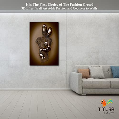 TIMUBA 3D Wall Art - Silver Gold Hugging Couple Wall Design, 3D Effect Love Metallic Art Print on Canvas for Bedroom Wall Decor, Modern Abstract Kissing Framed Art Pictures for Valentine's Gift 28x40 Inches