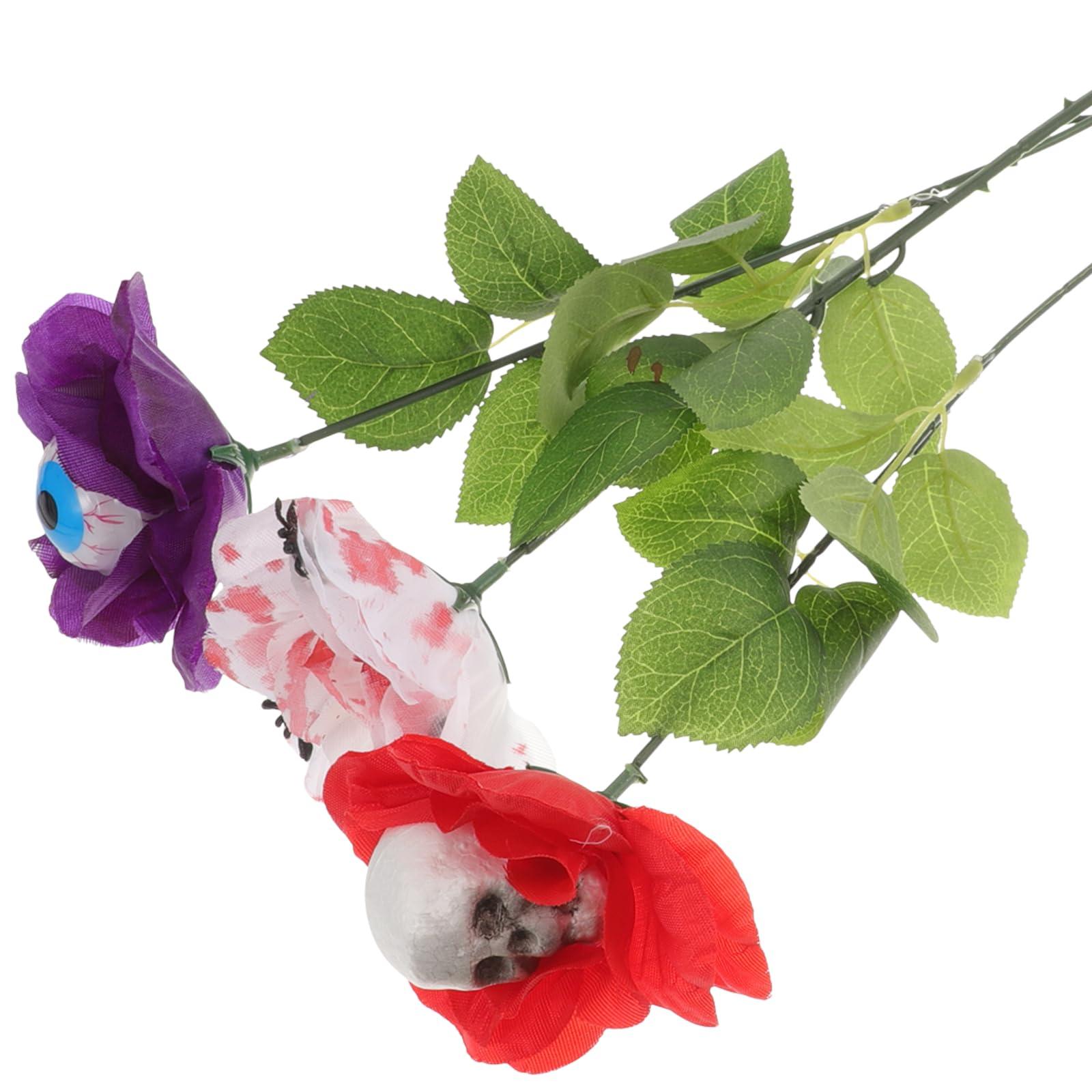 LOGOFUN LOGOFUN 3Pcs Halloween Fake Flowers Artificial Bloody White Roses with Eyeball Flower Bouquet Eyeball Spider Skeleton Flowers for Halloween Decoration