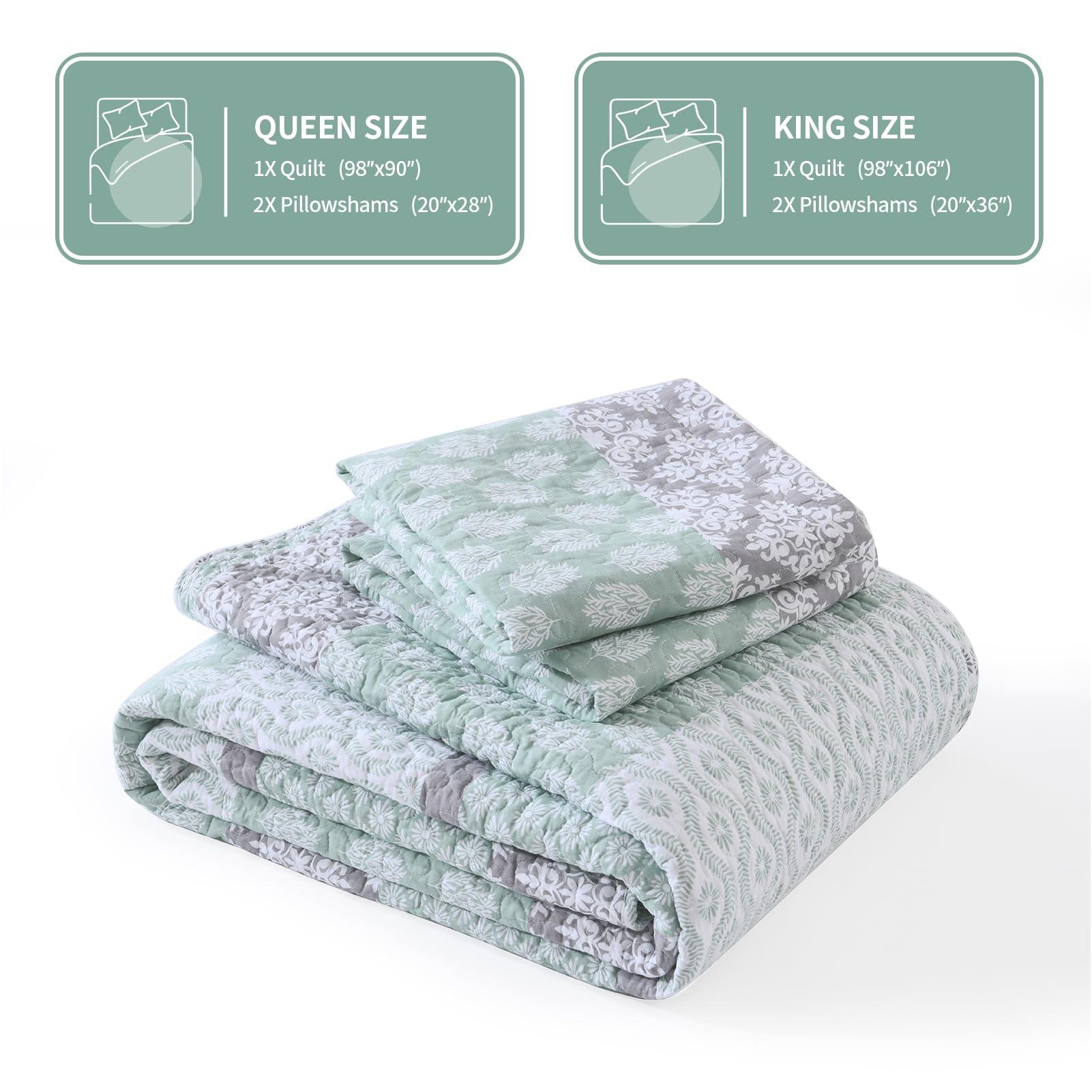KALOOLA KALOOLA Sage Green King Quilt, 100% Cotton Floral Bedspread Coverlet King Size, Farmhouse Reversible Boho Bedding Set, Lightweight Thin Comforter for All Season, 3 Pieces