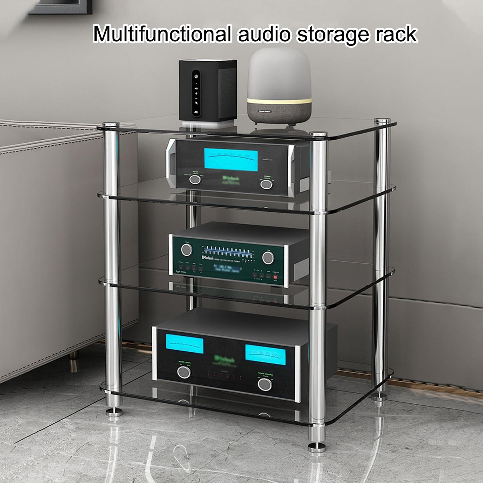 STCERY Stereo Cabinet, AV Cabinet Audio Rack, Tempered Glass Shevles, Modern Audio-Video Media Stand, for TV, Xbox, Gaming Consoles, Media Component, Streaming Device(Brown)