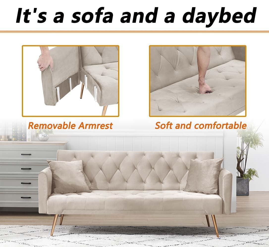 Majnesvon 71" Convertible Folding Sleeper Sofa Couch,Modern Velvet Loveseat Sleeper with 2 Pillows, Futon Sofa Bed with Mattress and Frame for Living Room,Bedroom,Small Space (Beige)