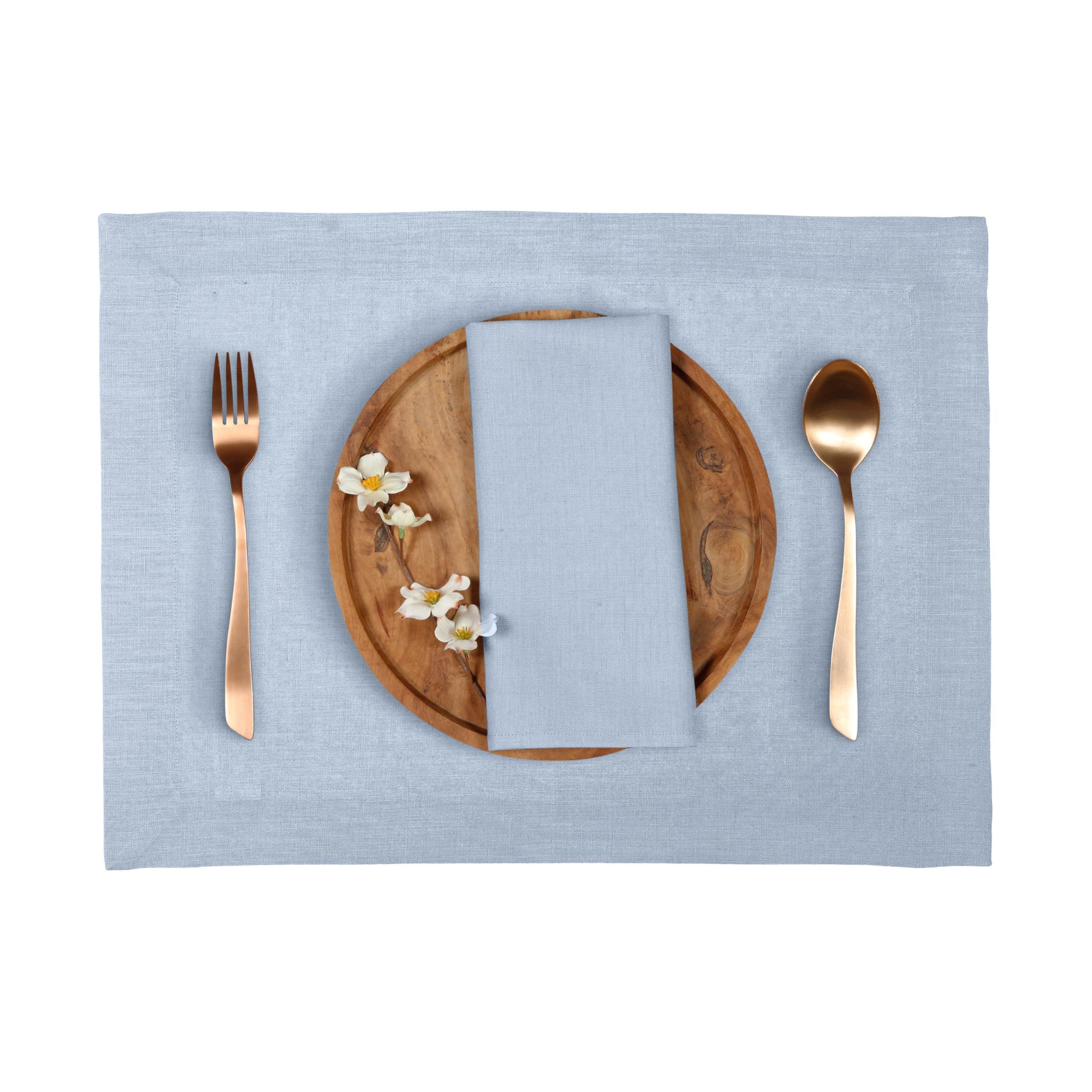 D\'Moksha Homes D\'Moksha Homes Powder Blue Linen Napkins Set of 18-18 x 18 Inch, 100% Pure Linen, Blue Cloth Napkins, Classic Hemmed Blue Dinner Napkins for Spring, Summer, Outdoor - Easy Care Machine Washable