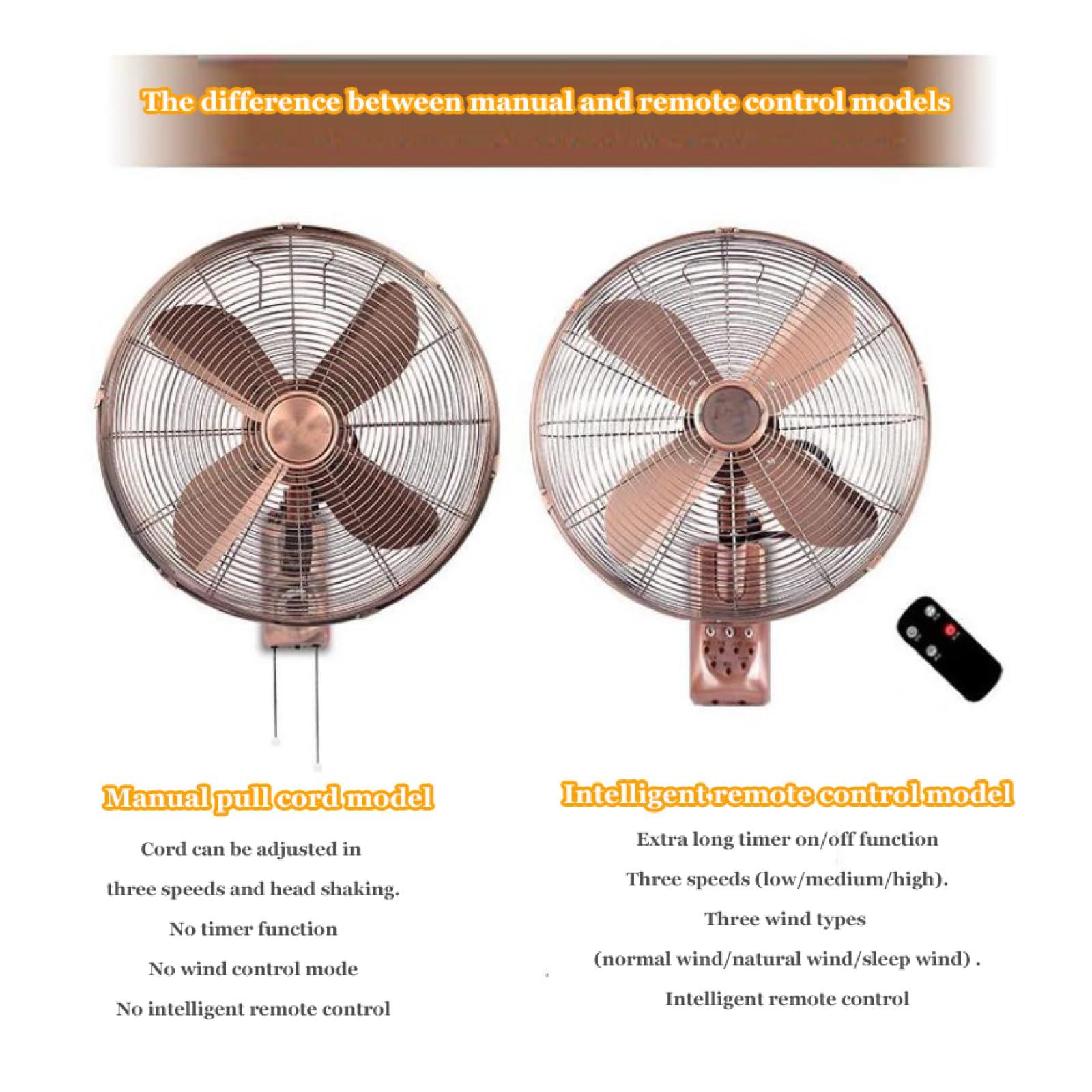 Topjia Metal Retro Wall Fan,3 Speed Mechanical / Remote Control Wall-mounted Fan,Left and right oscillating head wall mounted fan for Industrial,Commercial,Residential (18 inch, Red bronze remote control)