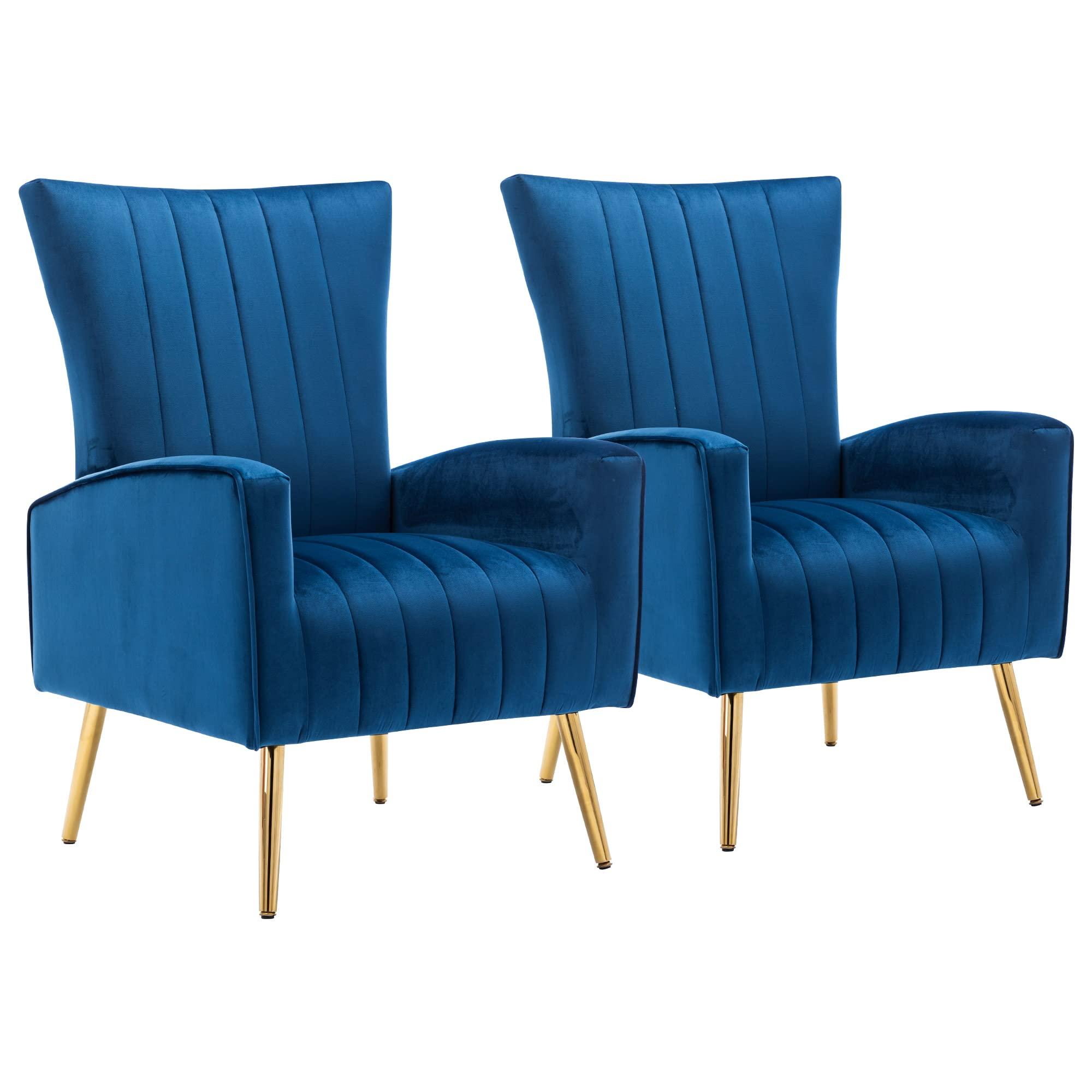 LSSPAID LSSPAID Velvet Accent Chairs Set of 2, Modern Fabric Upholstered Living Room Chairs Armchairs with Wing Back and Metal Legs, Navy Blue
