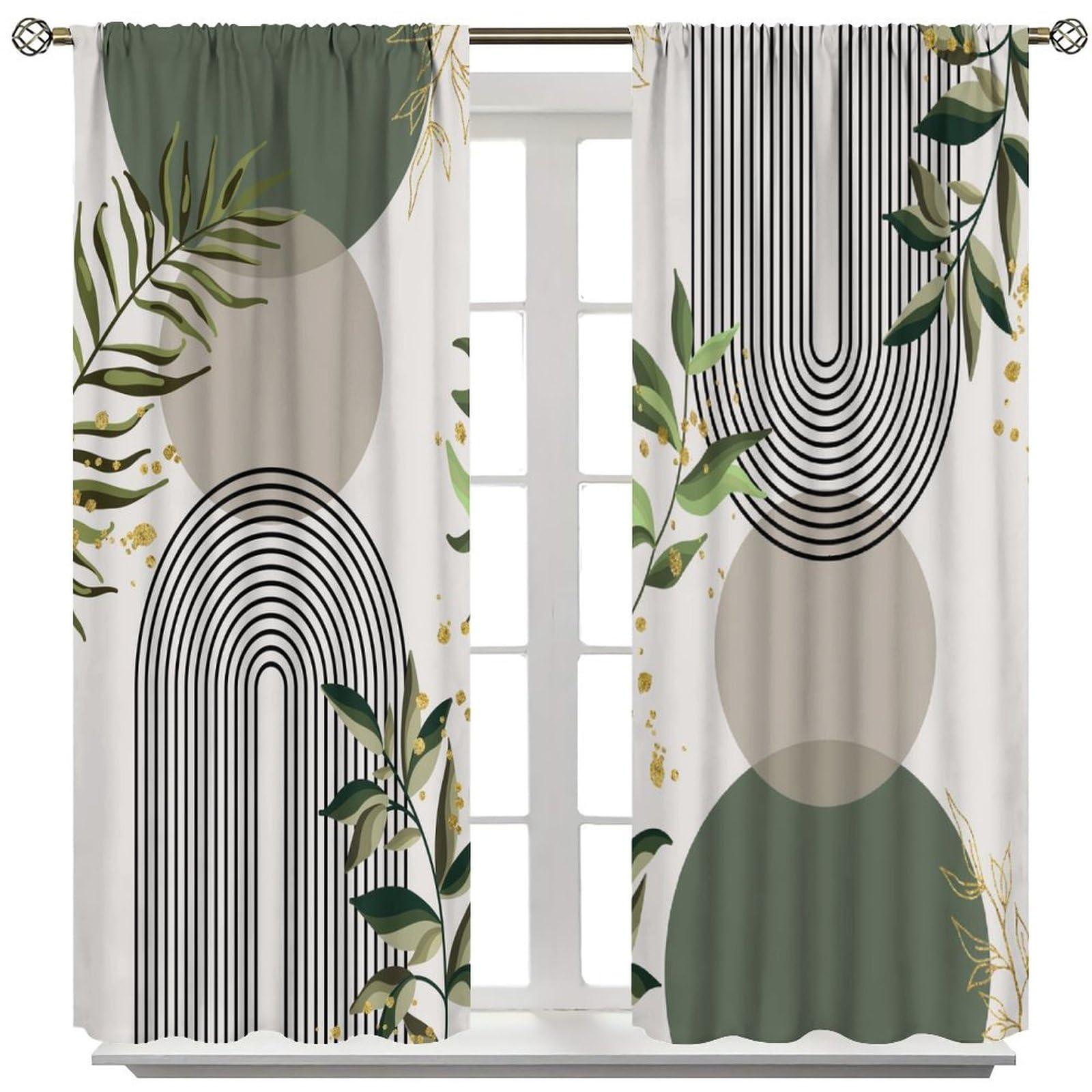 SENRUEGT SENRUEGT Mid Century Leaf Curtains,Abstract Leaf Sun Modern Minimalist Bedroom Window Treatments,Boho Green Plants Living Room Kitchen Window Drapes 42x54 Inch, Style
