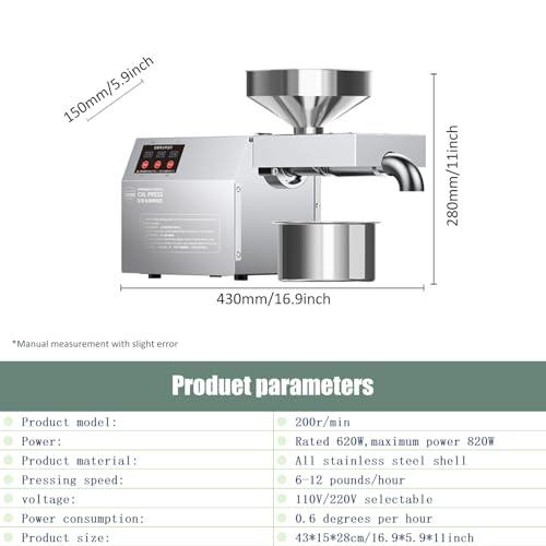 Fablestoryem Electric Oil Press Machine,Cold Hot Press All Stainless Steel Oil Extractor,820W Food Grade Automatic Oil Extractor for Commercial Home,Peanut Sesame Canola Coconut Sunflower Seeds,110V