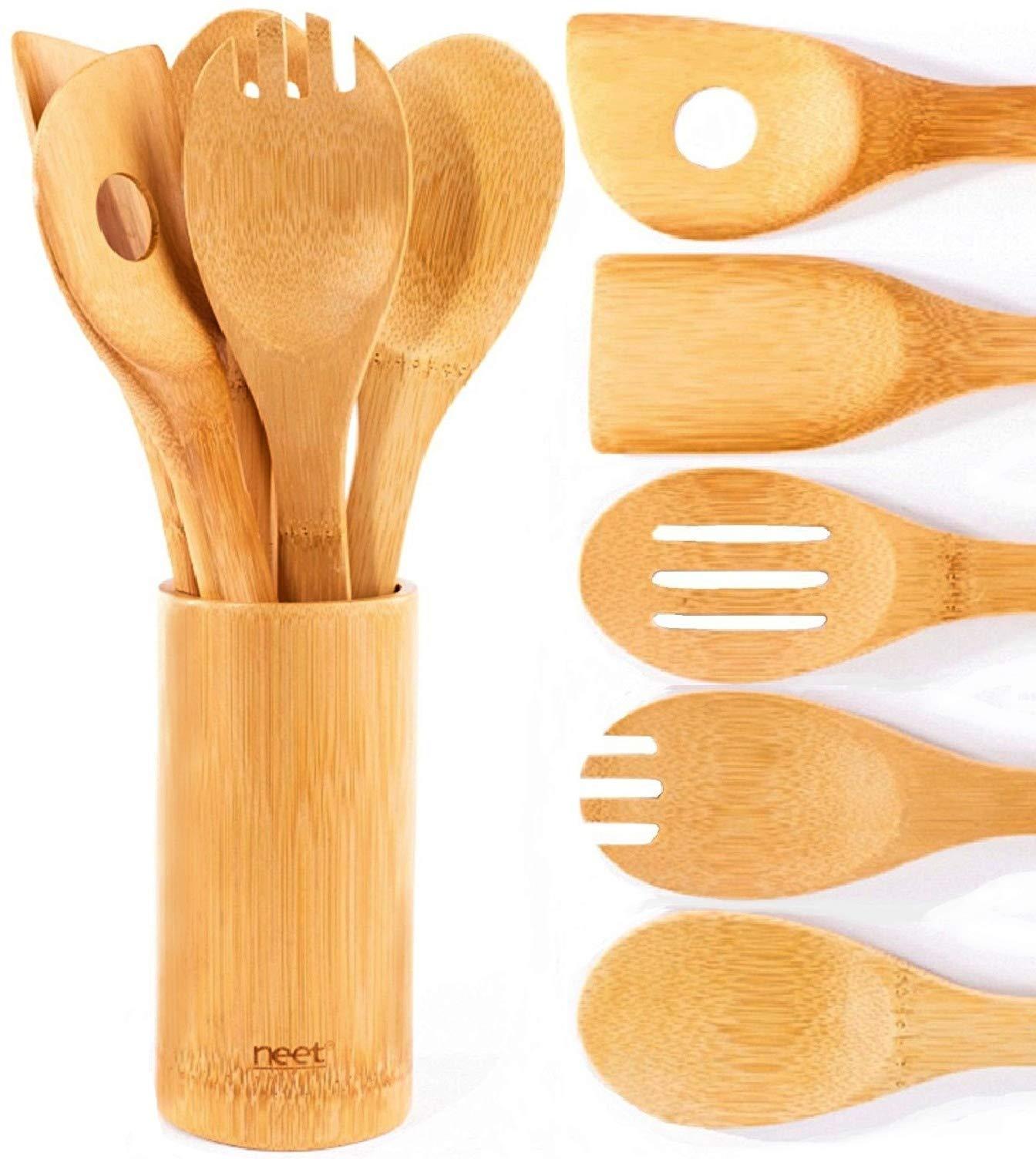 NEET Neet Wooden Spoons For Cooking 6 Piece Organic Bamboo Utensil Set With Holder Wood Kitchen Utensils Spatula Spoon For High Heat Stirring In Nonstick Pots & Pans Quality Gift & Everyday Use