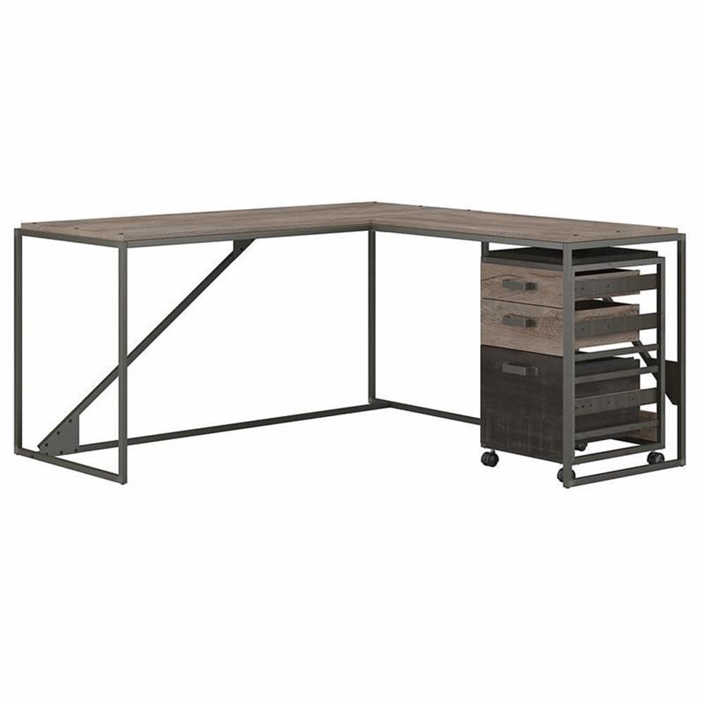 Bush Business Furniture Bush Furniture Refinery L Shaped Industrial Desk with 3 Drawer Mobile File Cabinet, 62W, Rustic Gray