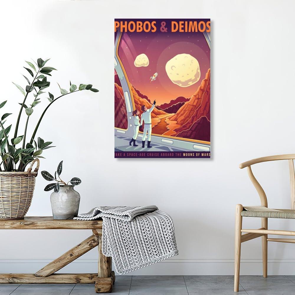LuminDaze LuminDaze Phobos and Deimos Poster Retro Space Wall Art Outer Space Travel Picture Decoration Exoplanet Galaxy Mars Planet Exploration Art Canvas Print Retro Futuristic 20x30inch Unframed, style-14